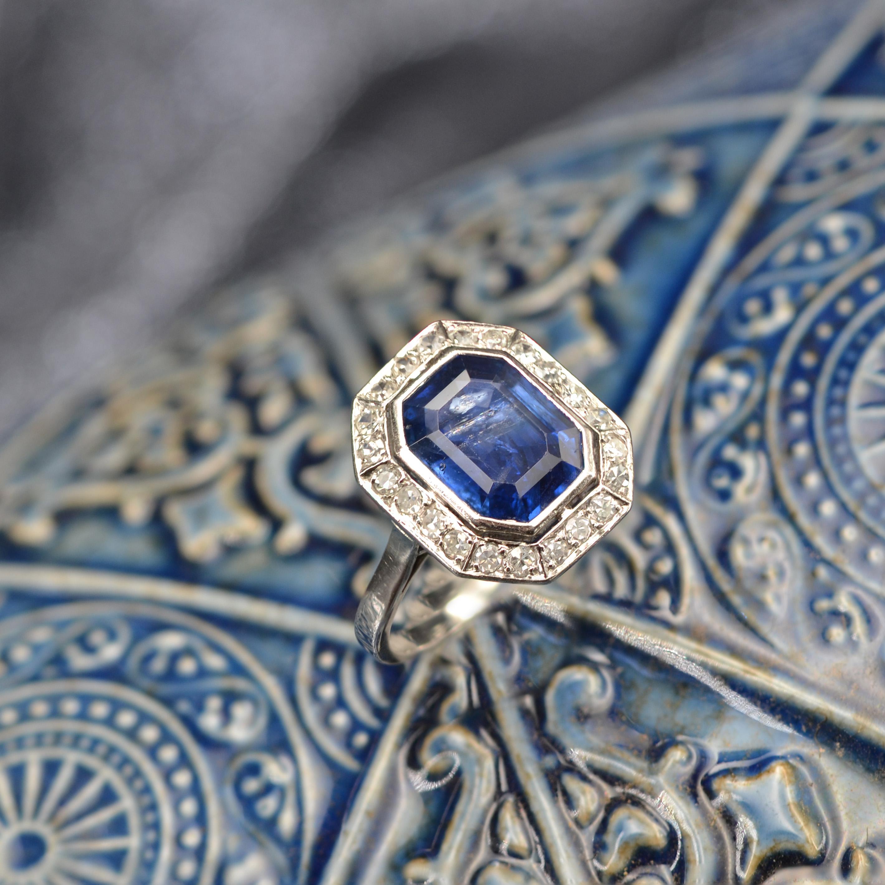 French Art Deco Certified No Heat Burmese Sapphire Diamonds Platinum Ring For Sale 9