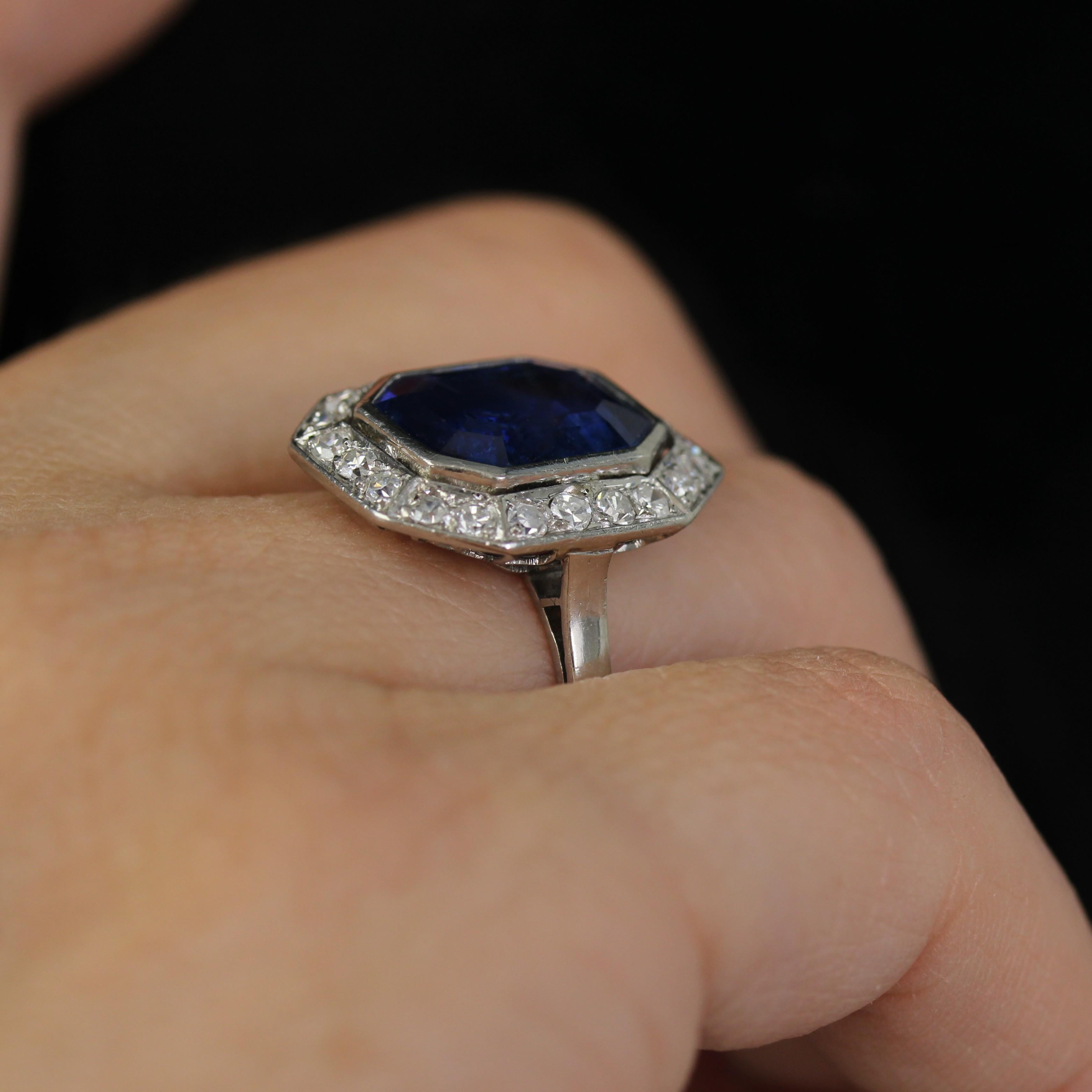 French Art Deco Certified No Heat Burmese Sapphire Diamonds Platinum Ring For Sale 5