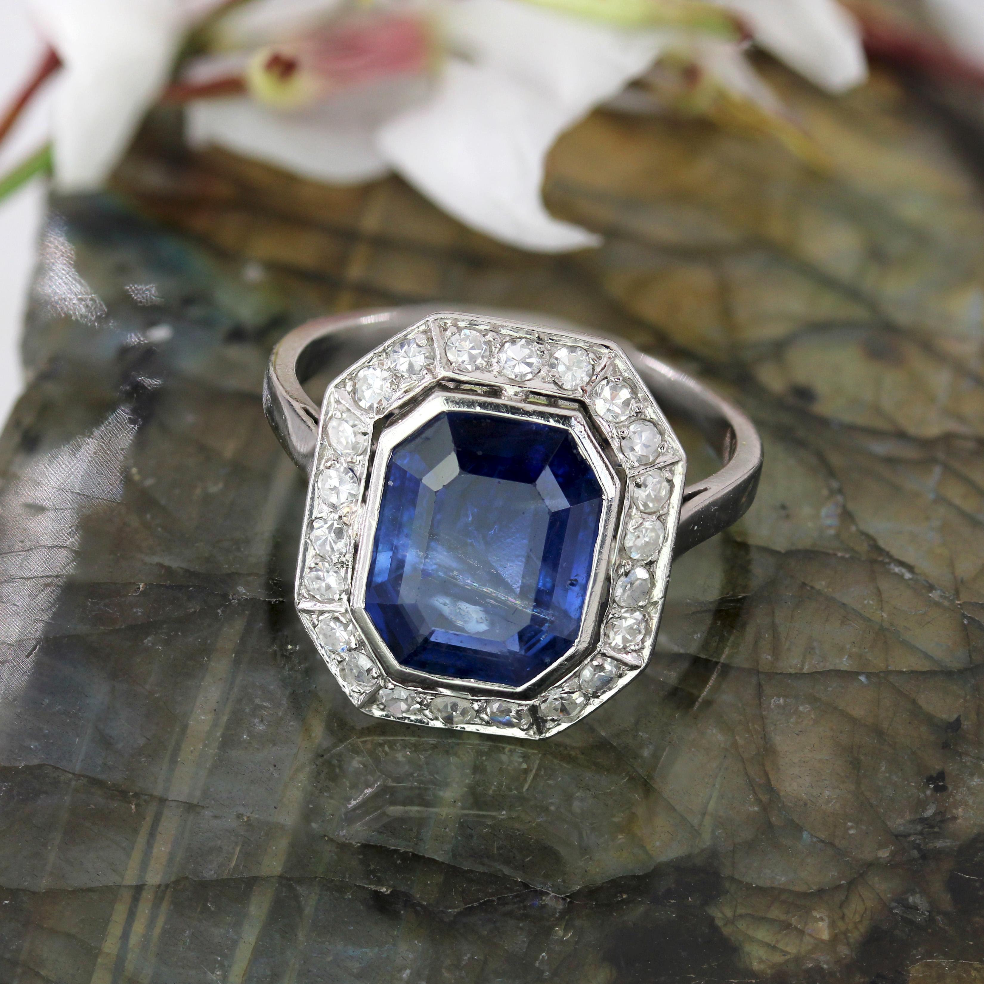 French Art Deco Certified No Heat Burmese Sapphire Diamonds Platinum Ring For Sale 9