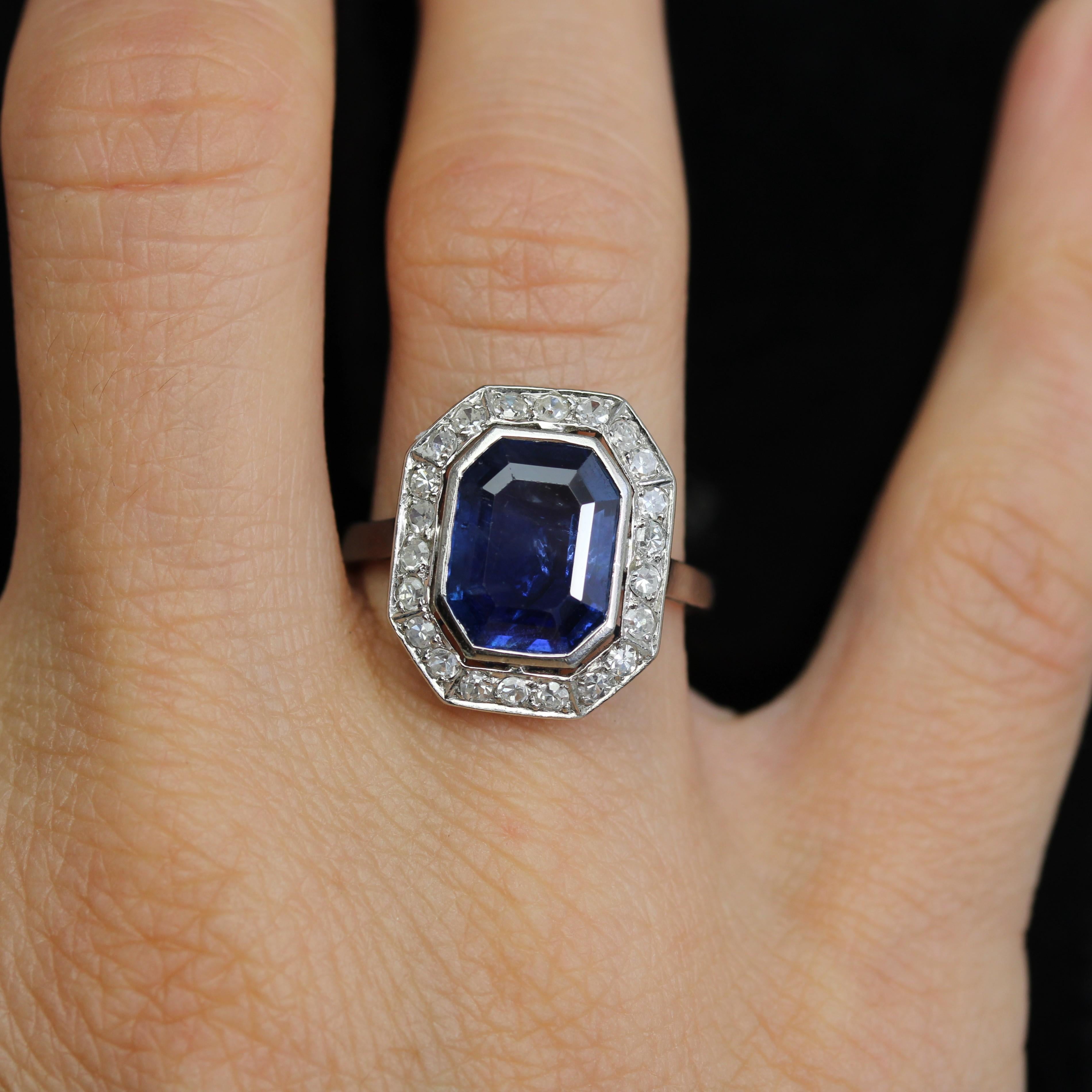 Emerald Cut French Art Deco Certified No Heat Burmese Sapphire Diamonds Platinum Ring For Sale