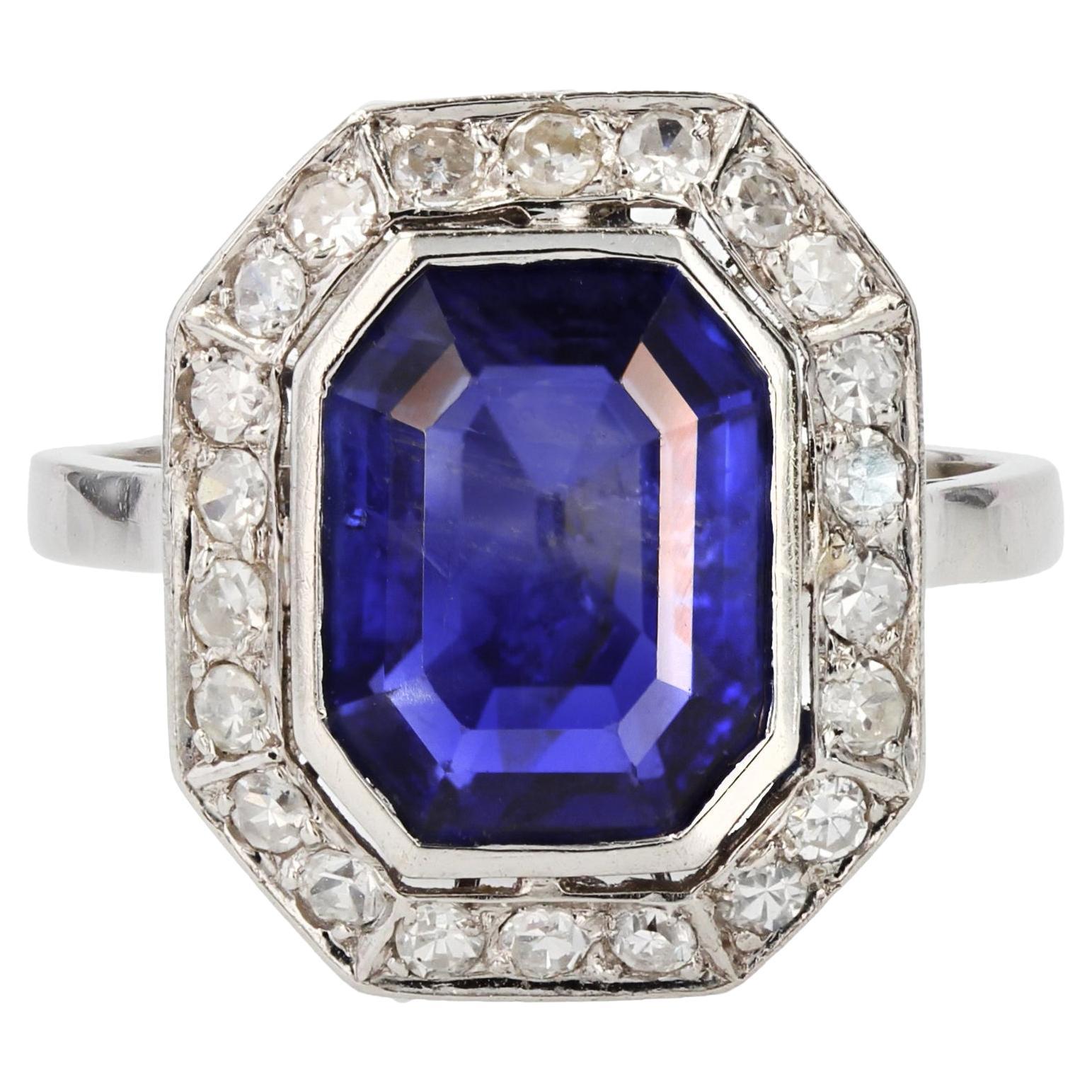 French Art Deco Certified No Heat Burmese Sapphire Diamonds Platinum Ring