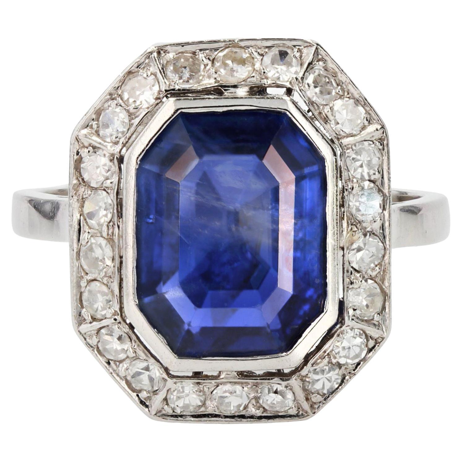 Anillo de platino con zafiro birmano certificado sin calor Art Decó francés