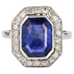 Bague en platine avec saphir birman certifi sans chaleur et diamants, style Art dco franais