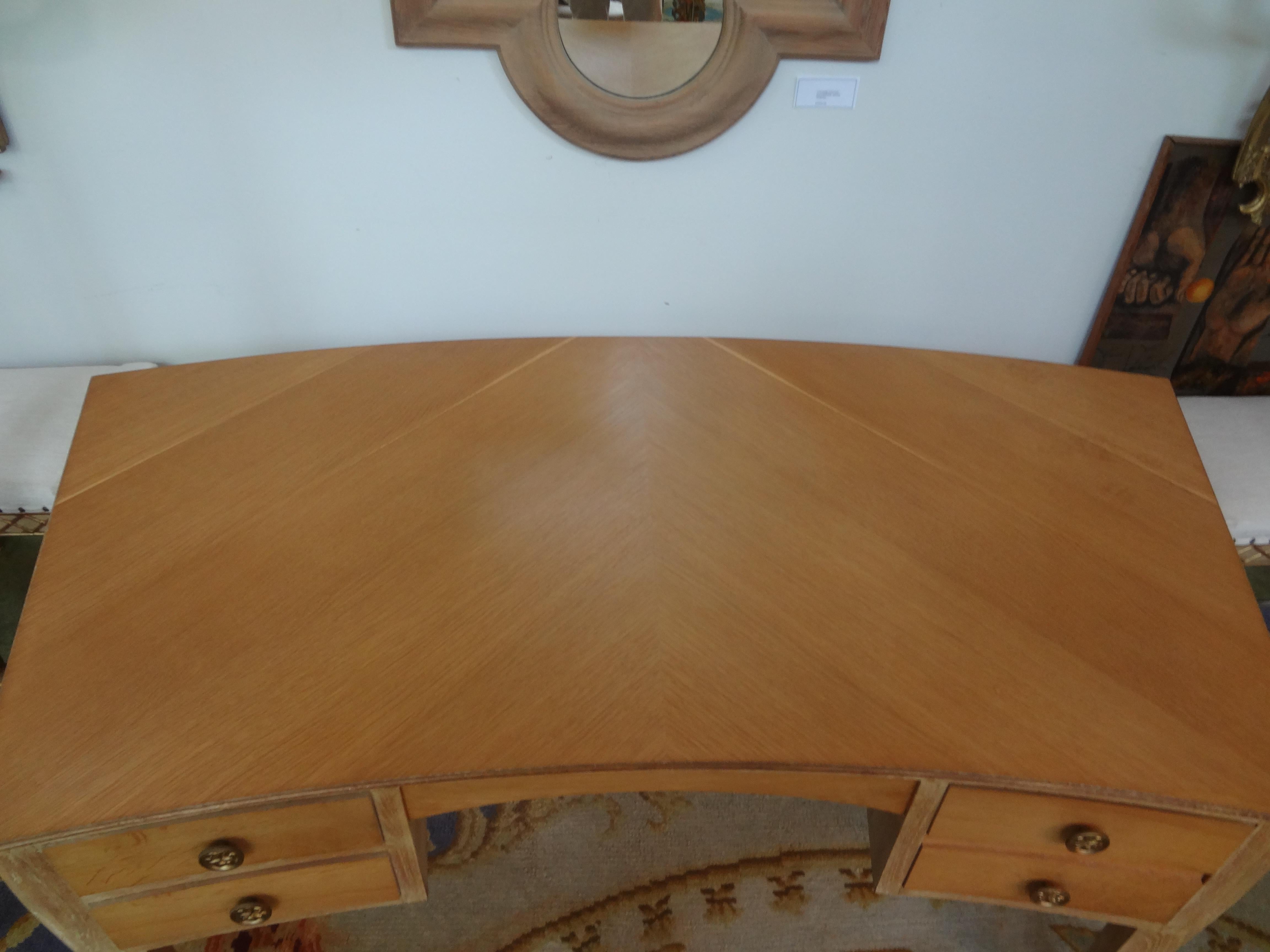 French Art Deco Cerused Oak Curved Desk Attributed to Jules Leleu In Good Condition For Sale In Houston, TX