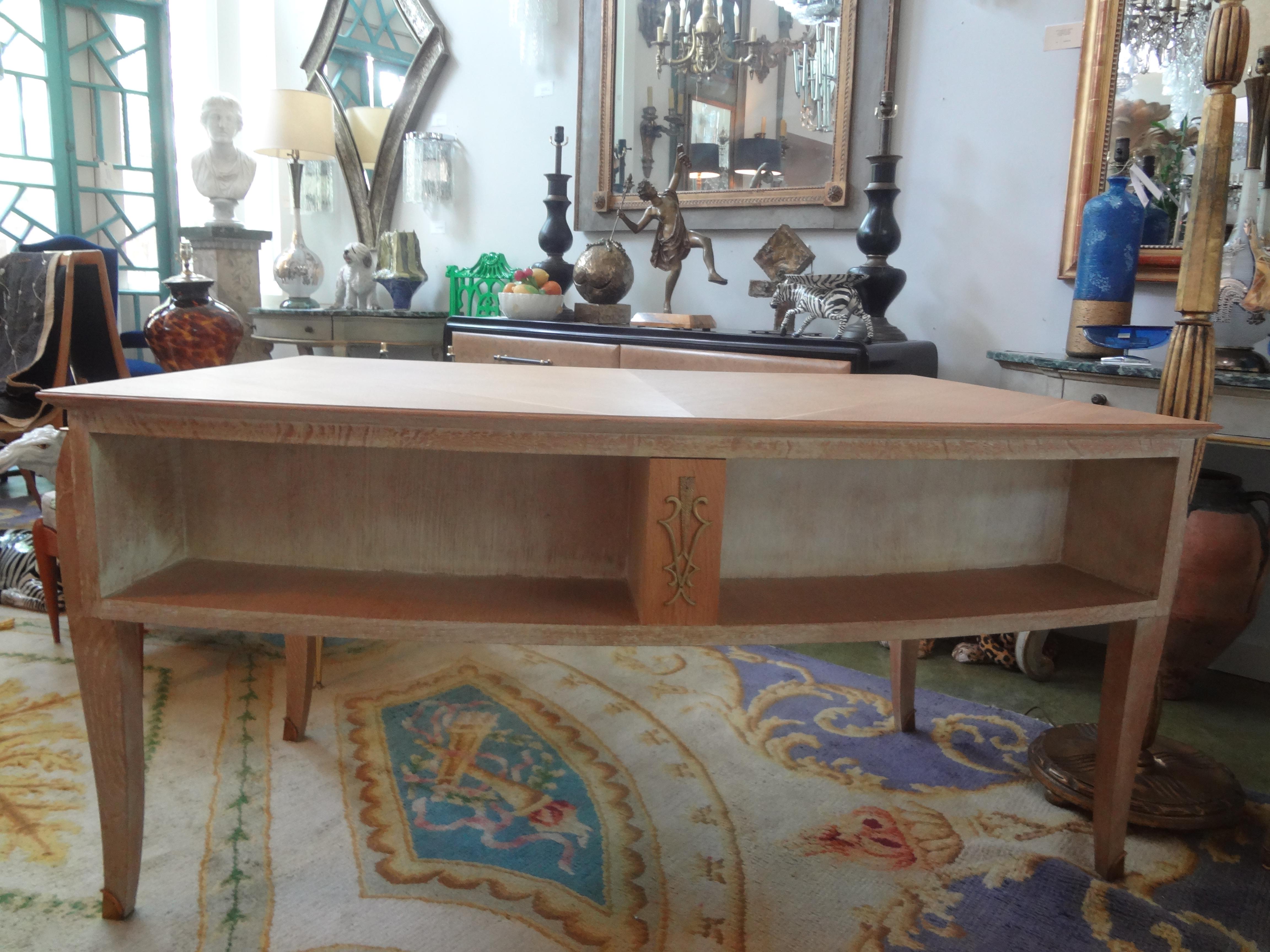Bronze French Art Deco Cerused Oak Curved Desk Attributed to Jules Leleu For Sale