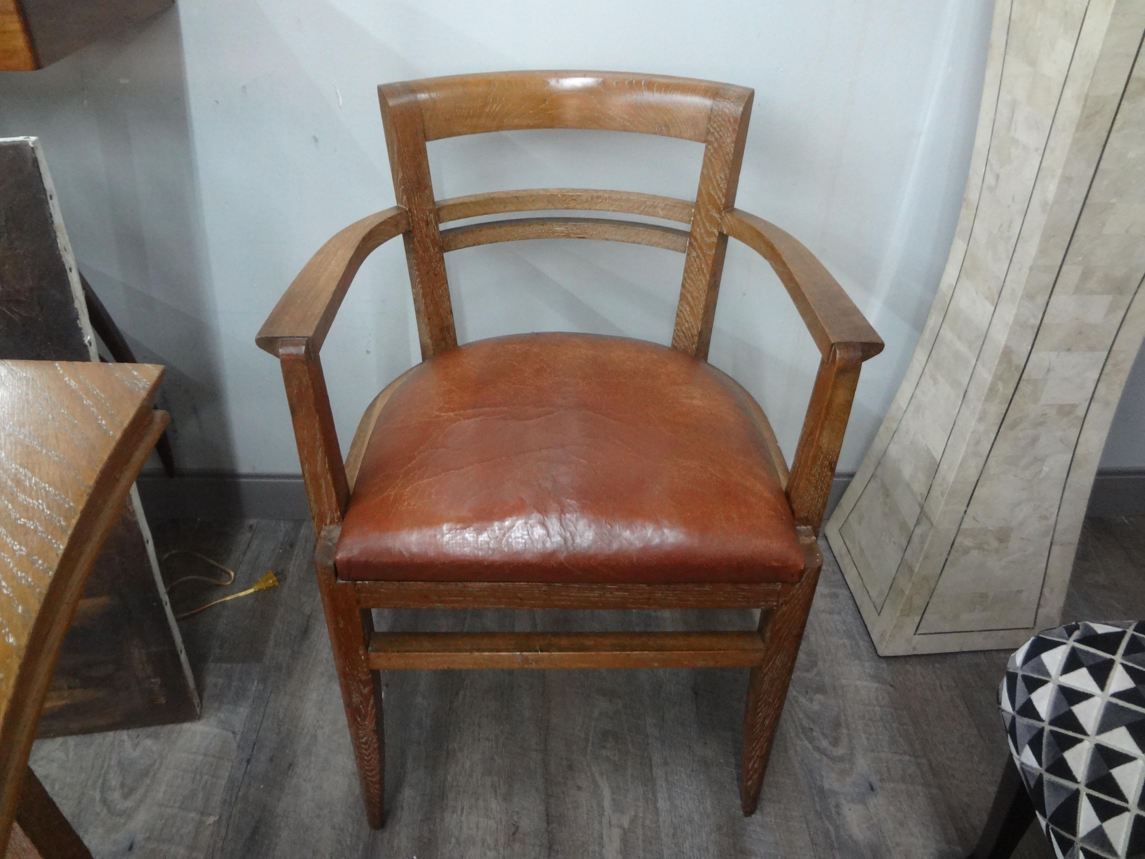 French Art Deco Cerused Oak Desk Chair Attributed To Andre Sornay.
Handsome French Art Deco cerused or limed oak desk chair attributed to Andre Sornay. This stunning desk chair or office chair has a distressed leather seat and would look great with