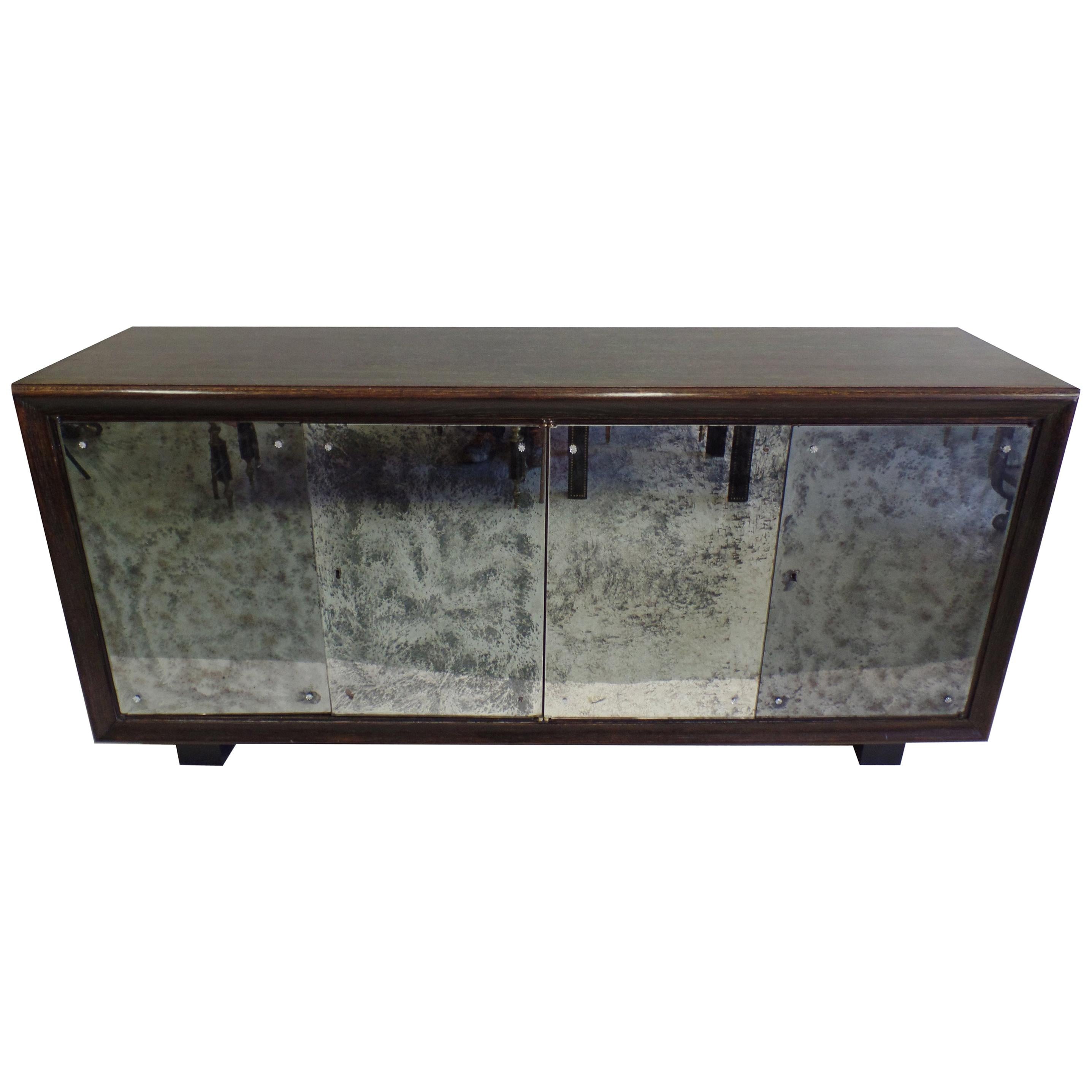 French Art Deco Cerused Oak and Mercury Mirrored Sideboard, Eugene Printz, 1930 For Sale