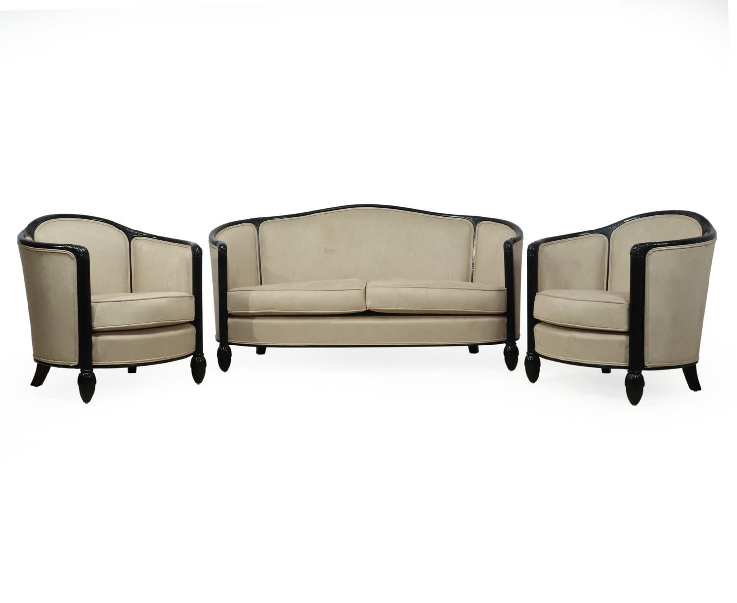 French Art Deco chairs and sofa by Paul Follot c1920
A Pair of chairs and sofa in ebonised solid oak with reeded front leg and carved detail, the suite has been fully upholstered in faux suede that is stain resistant and crib 5 standard, the seats