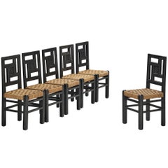 French Art Deco Chairs with Straw Seats and Geometrical Backrests
