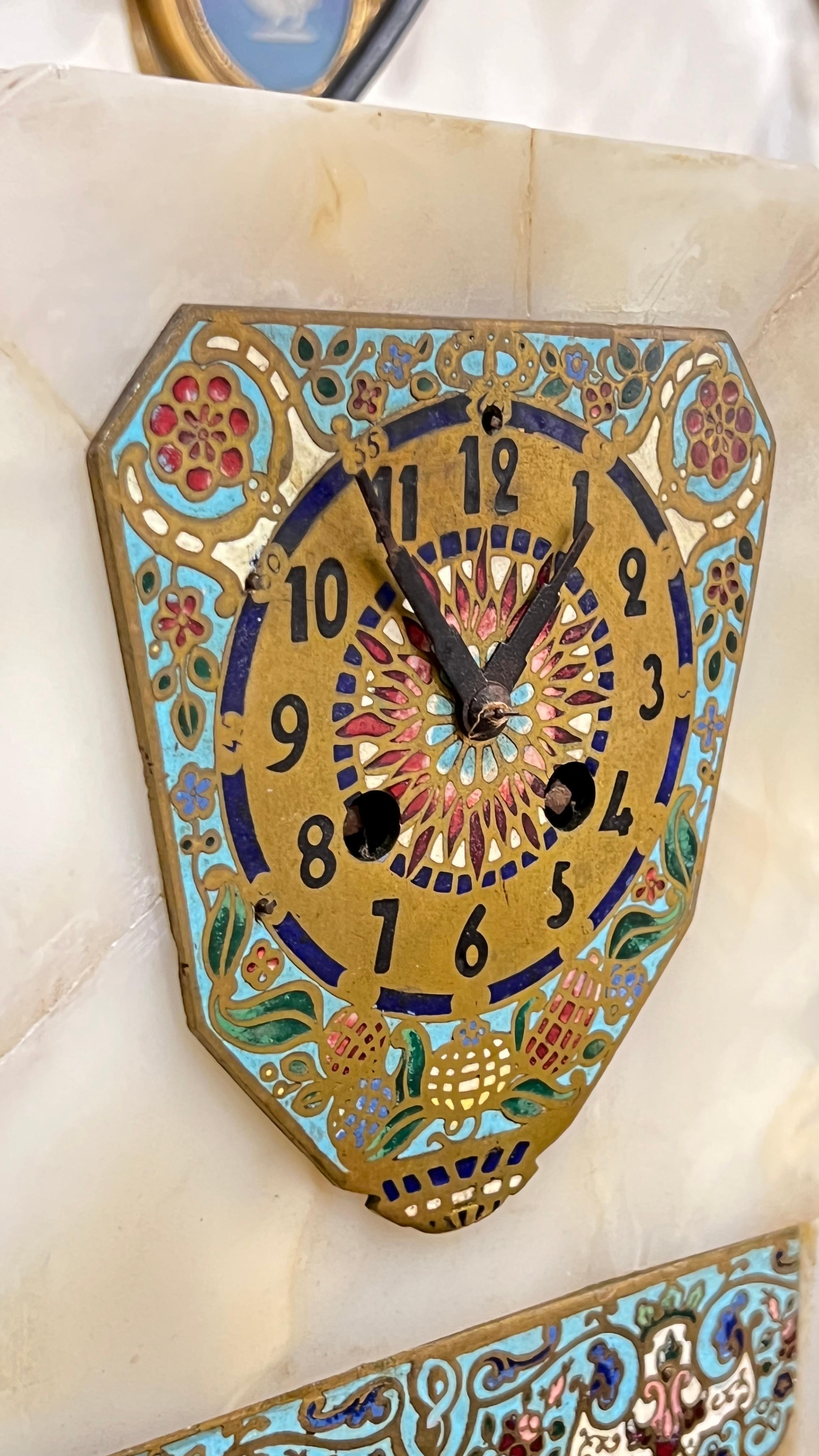 French Art Deco Champleve Enameled Bronze and Onyx Mantel Clock and Obelisks Set For Sale 6