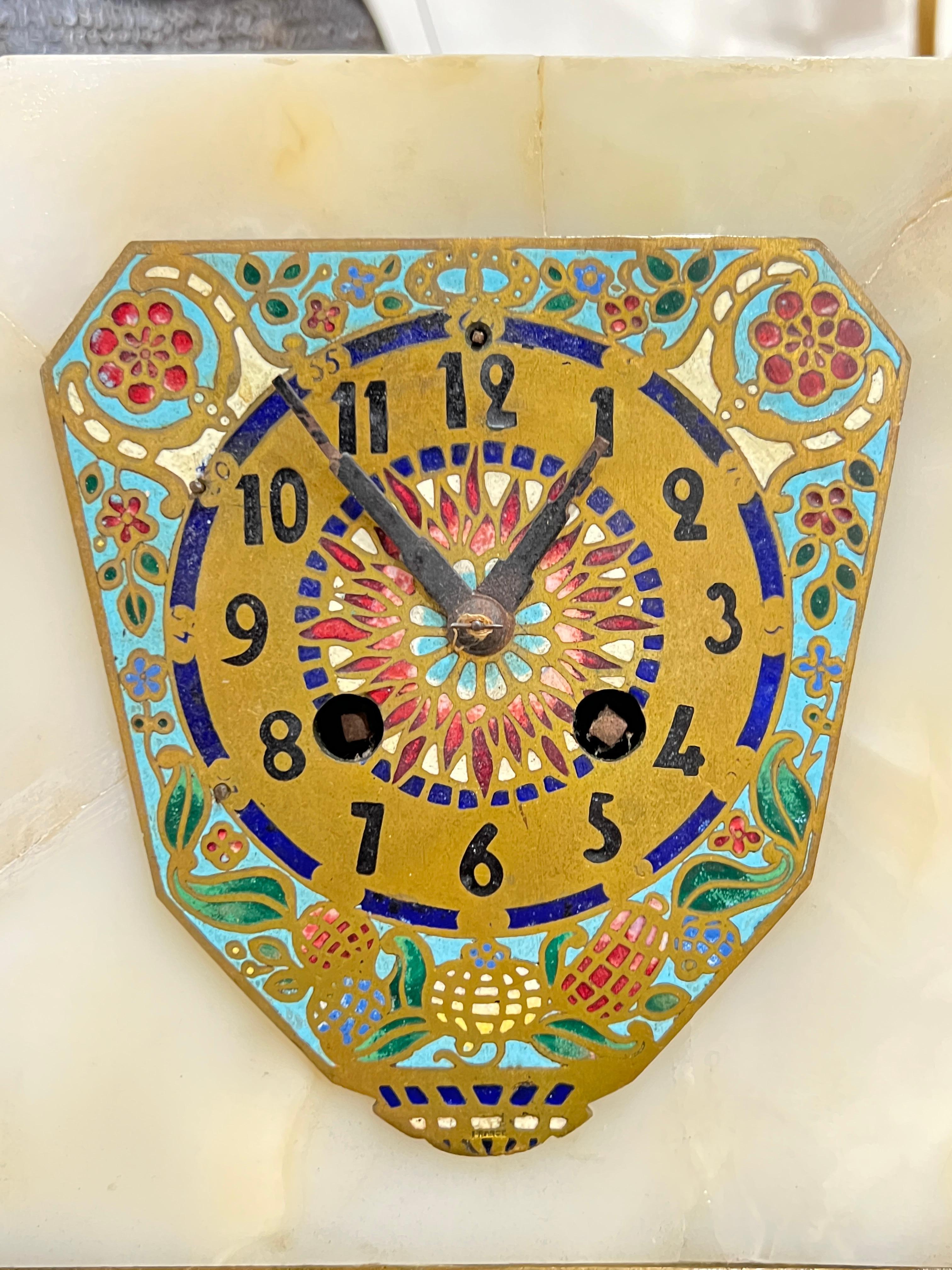 20th Century French Art Deco Champleve Enameled Bronze and Onyx Mantel Clock and Obelisks Set For Sale