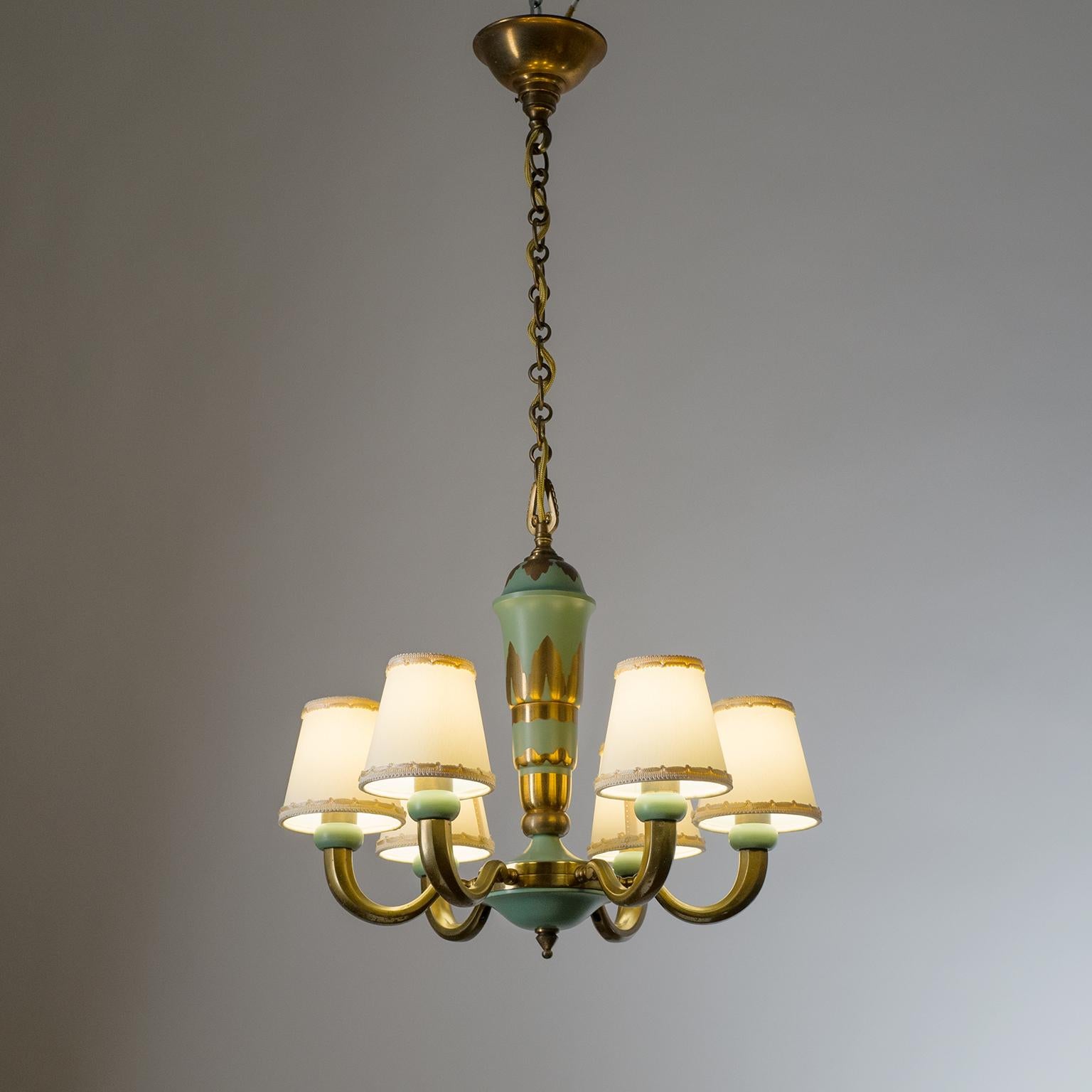 French Art Deco Chandelier, circa 1940, Brass Enameled In Good Condition In Vienna, AT