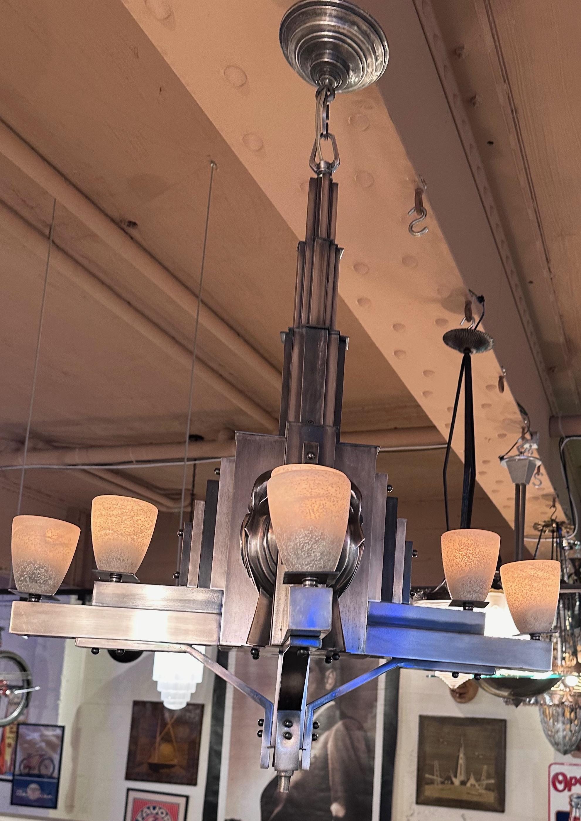 French Art Deco Chandelier Antique Nickel Modernist Rare Light Fixture For Sale 2