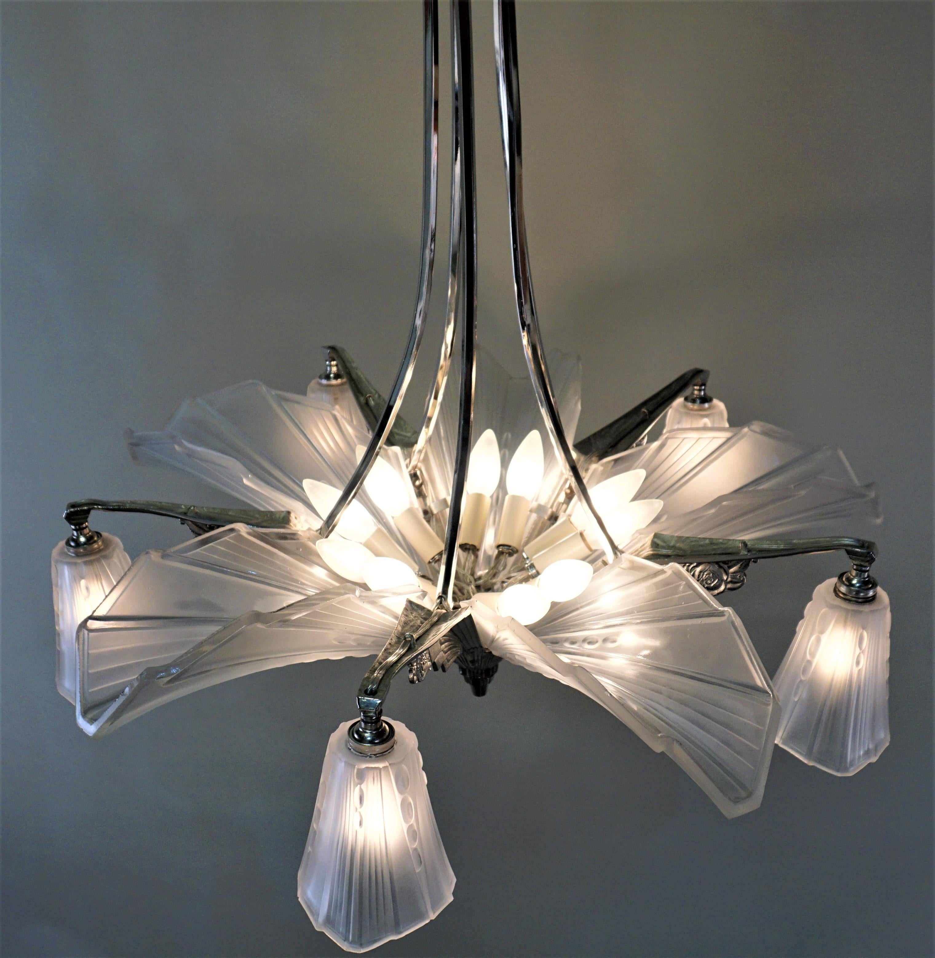 Pair of French Art Deco Chandeliers by Atelier E.J.G 6