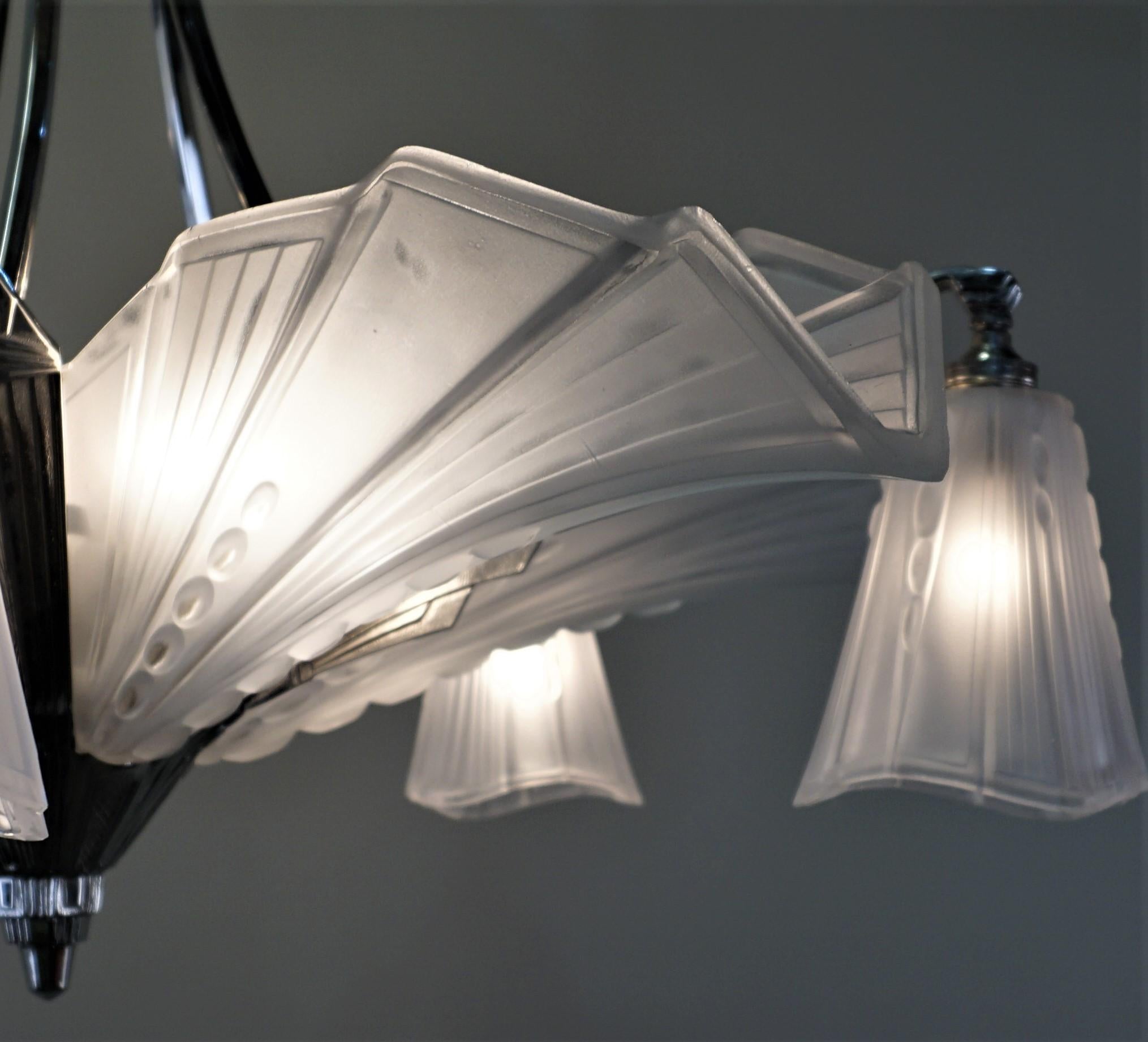 Glass Pair of French Art Deco Chandeliers by Atelier E.J.G