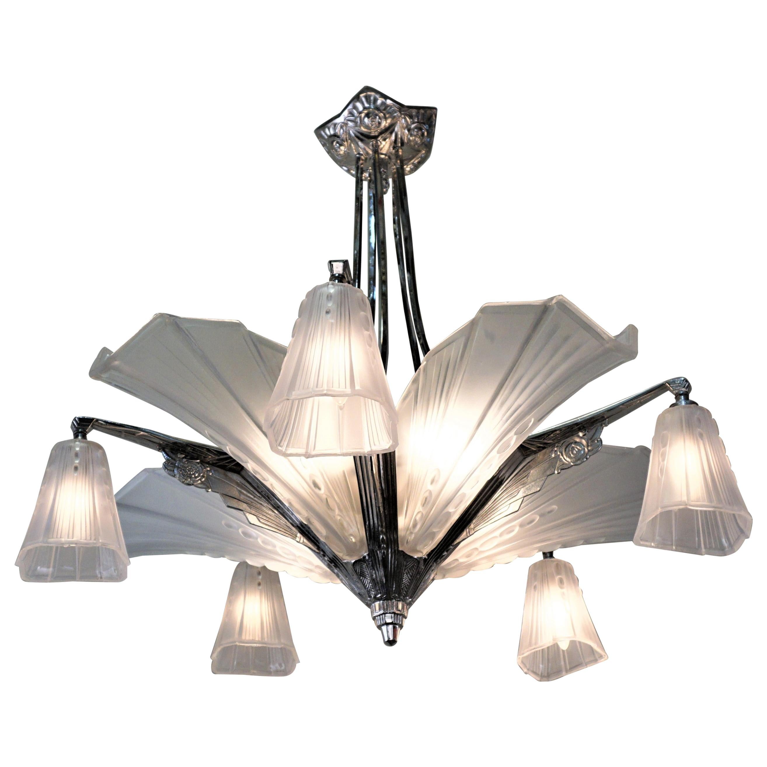 Pair of French Art Deco Chandeliers by Atelier E.J.G