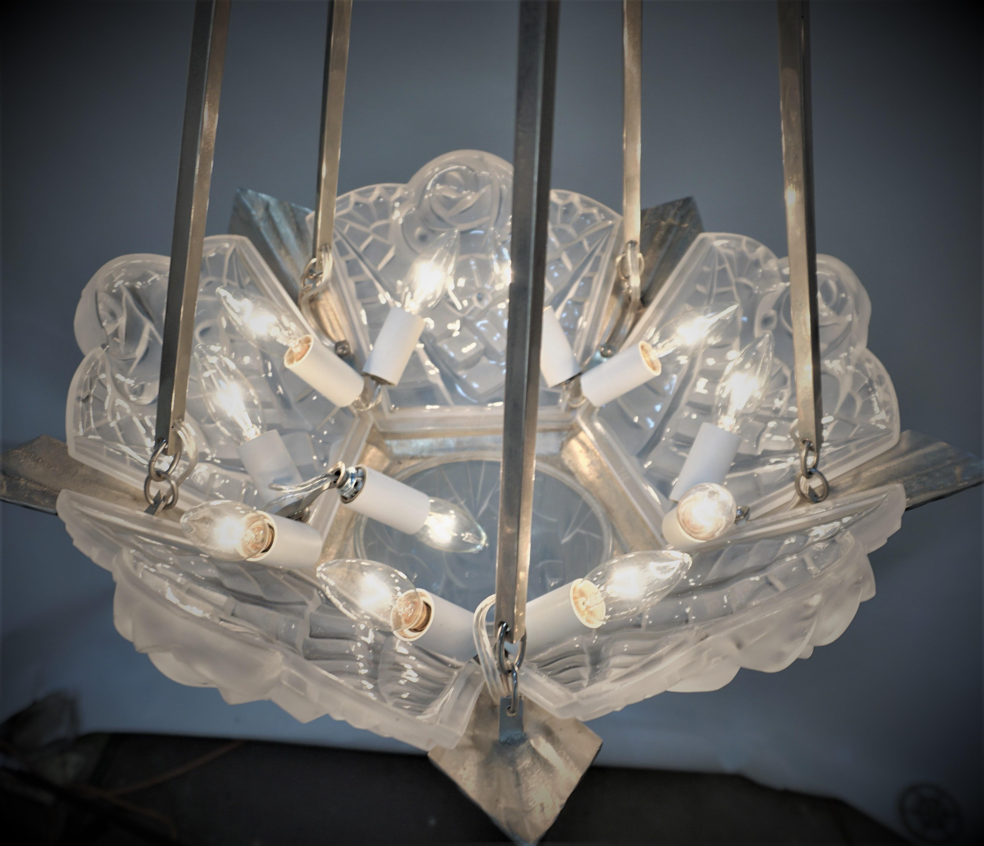 Glass French Art Deco Chandelier by Charles Degue For Sale