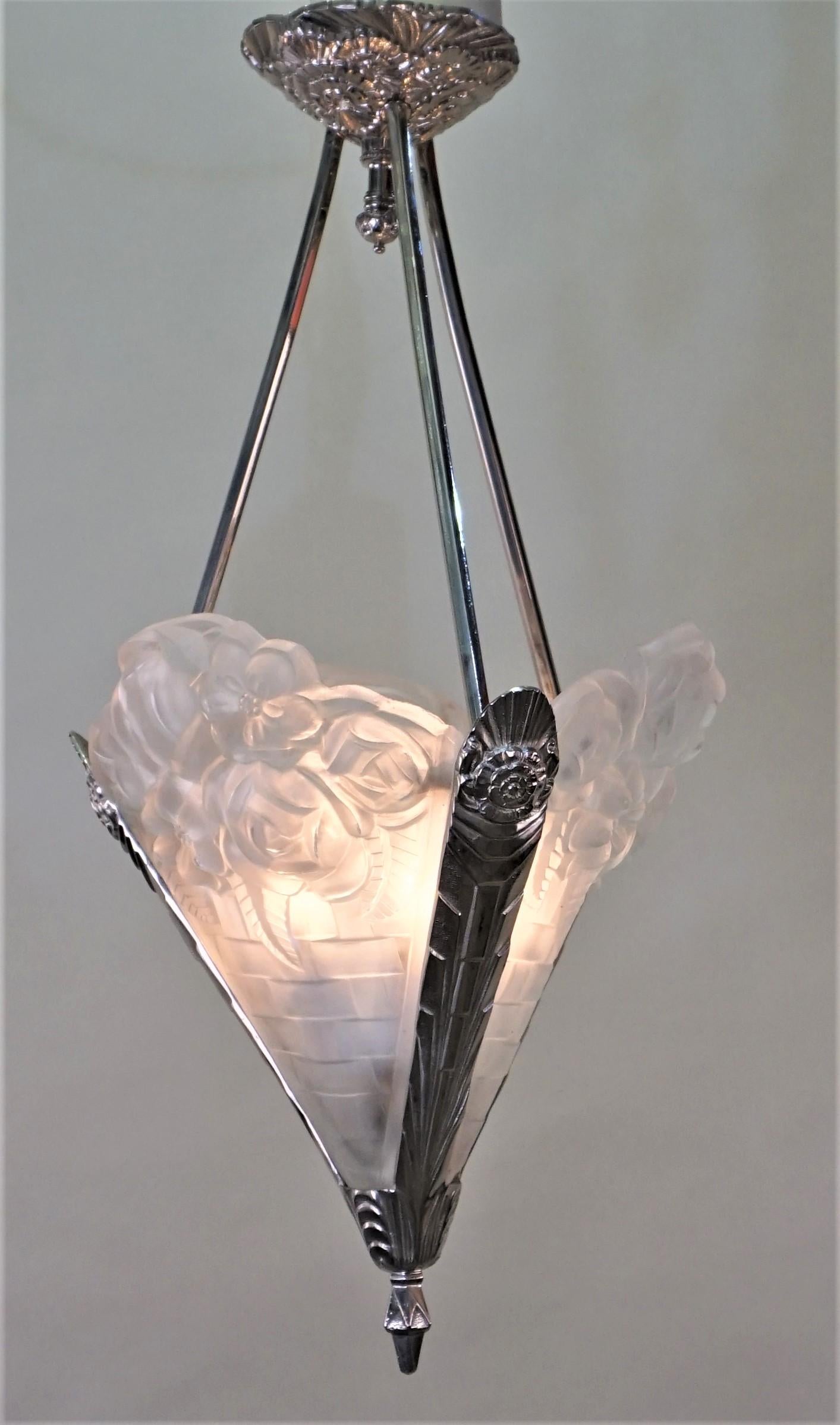 Clear Frost three panel six light nickel on bronze Art Deco chandelier.