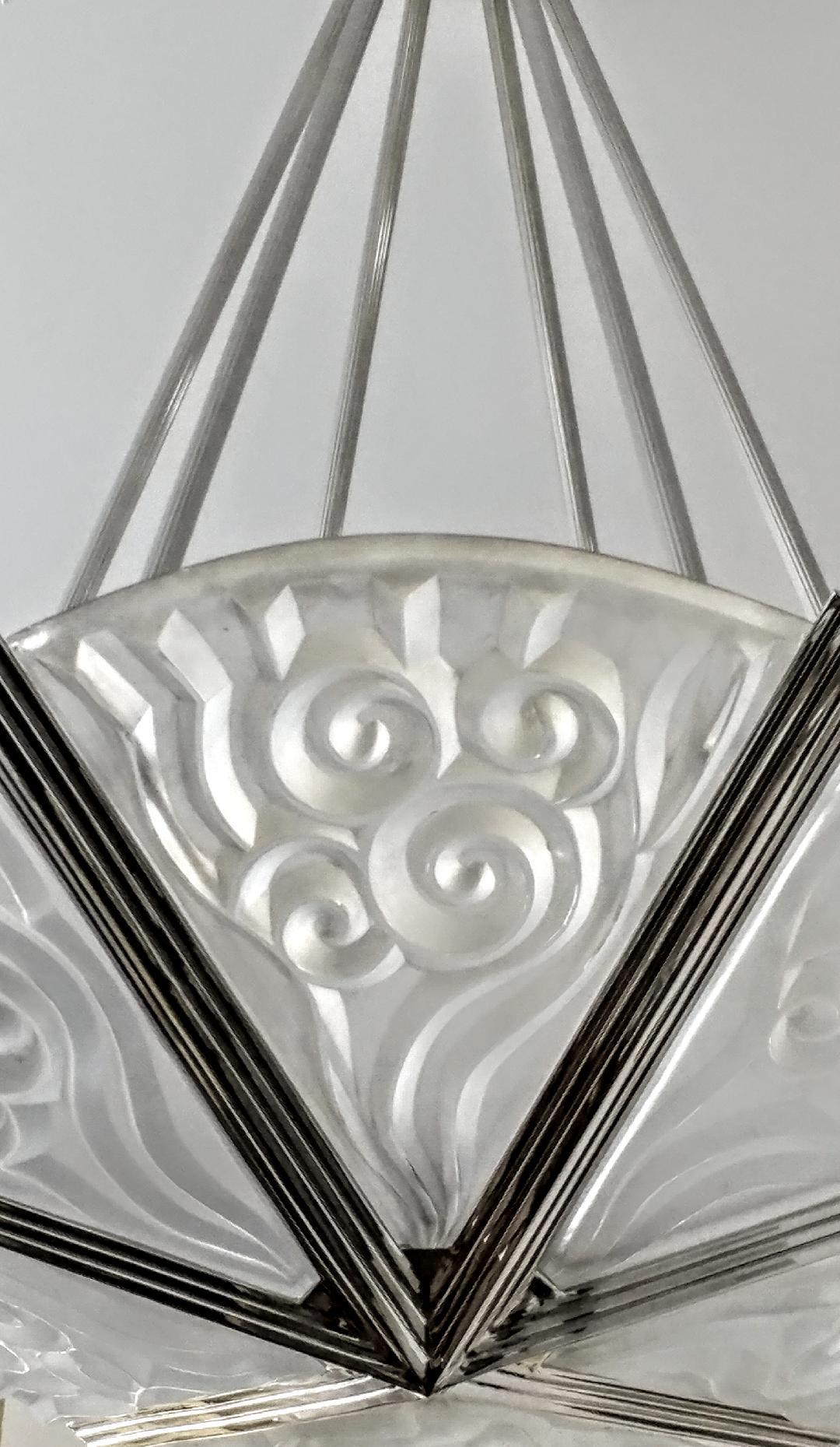 Cast French Art Deco Pendant Chandelier by Degue For Sale