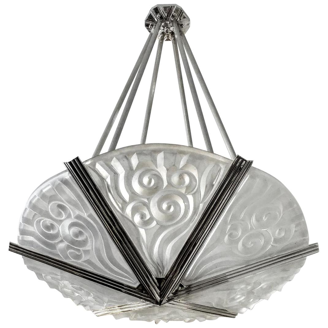 French Art Deco Pendant Chandelier by Degue For Sale