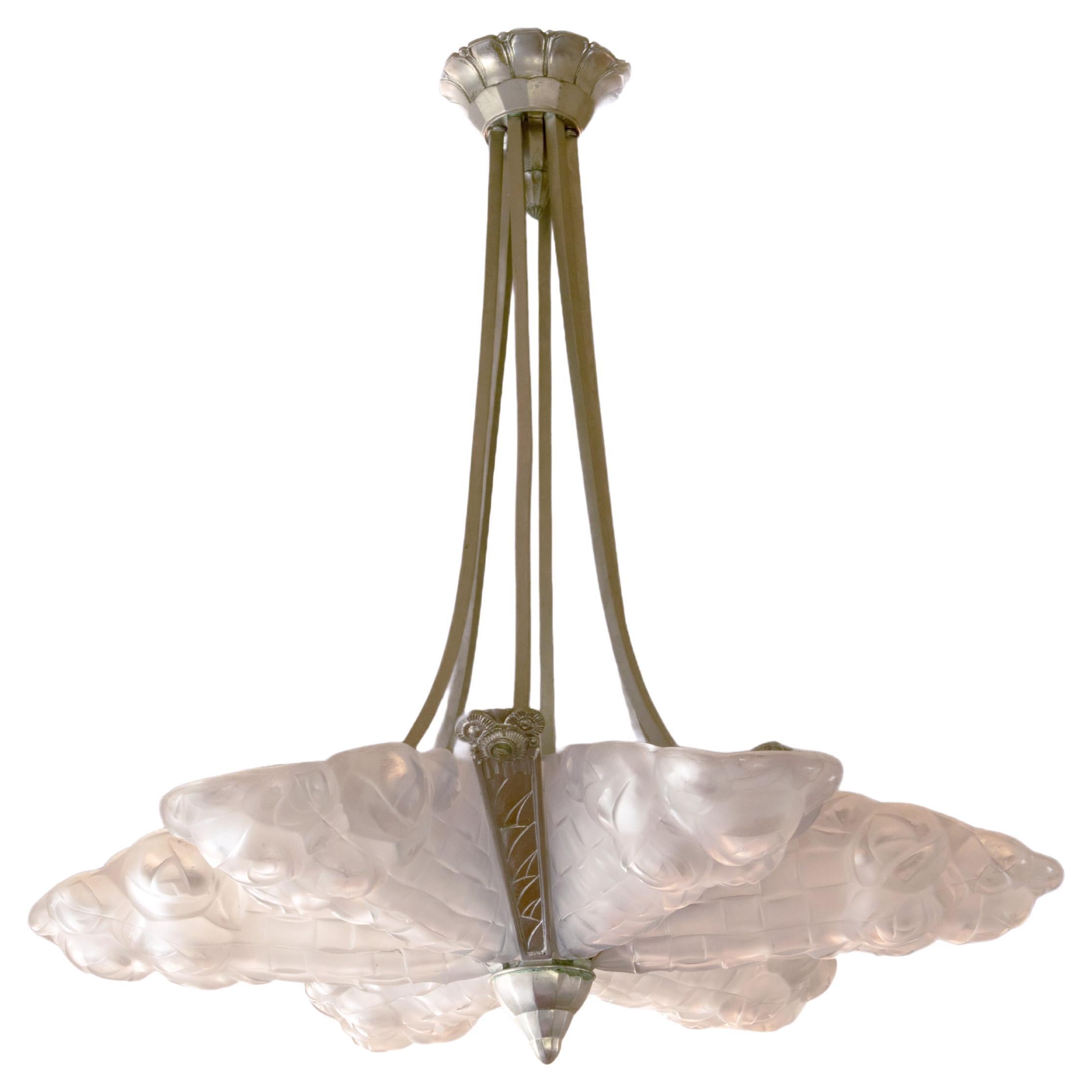 French Art Deco Chandelier by Degué, Frosted Glass, 1920s