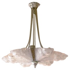 French Art Deco Chandelier by Degué, Frosted Glass, 1920s