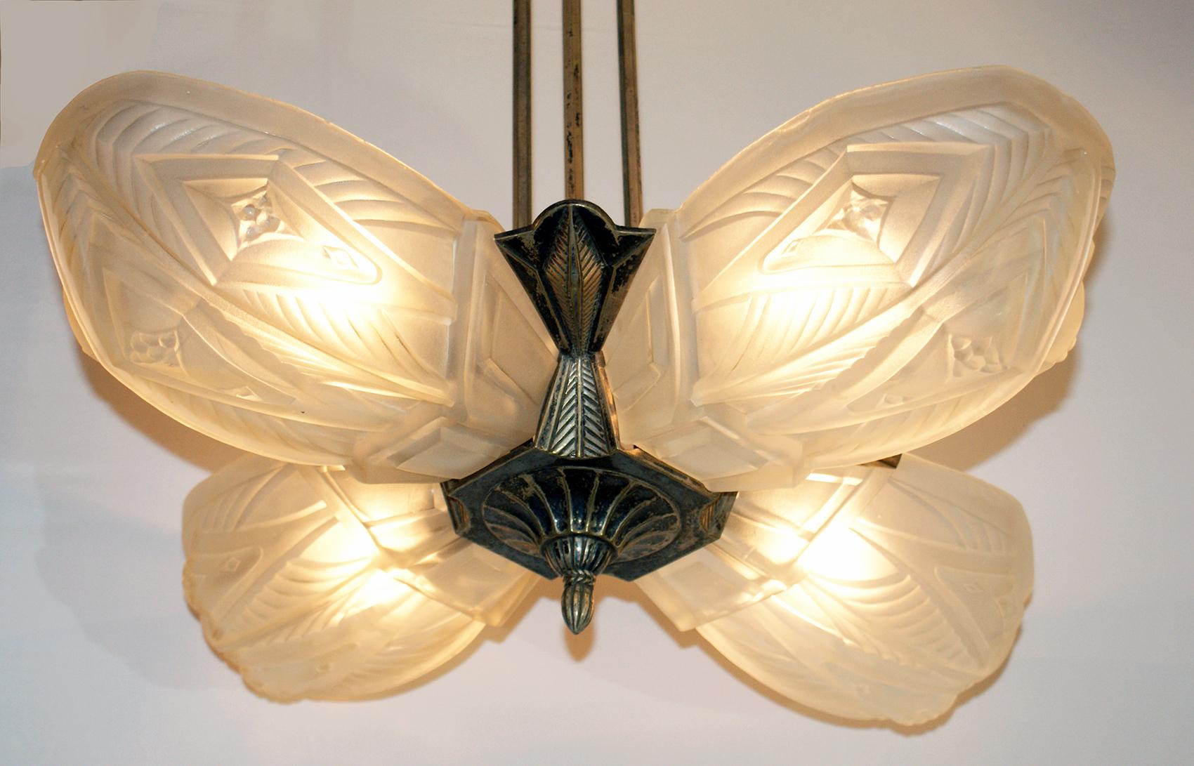 Frosted French Art Deco Chandelier by “Francis Hubens” For Sale