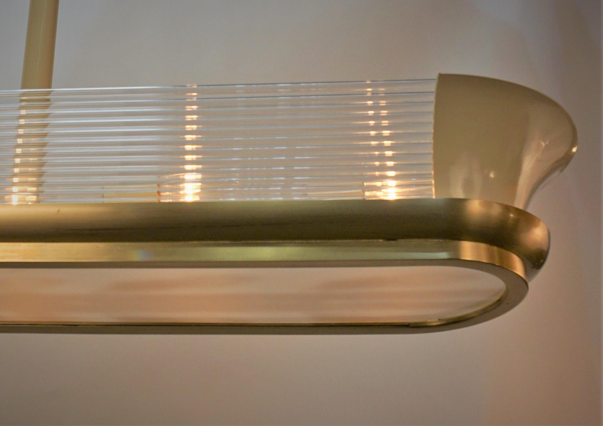 Modern style 1940's Jean Perzel glass, bronze and off-white lacquer chandelier. 
Total of 10 lights, 75watts max each.