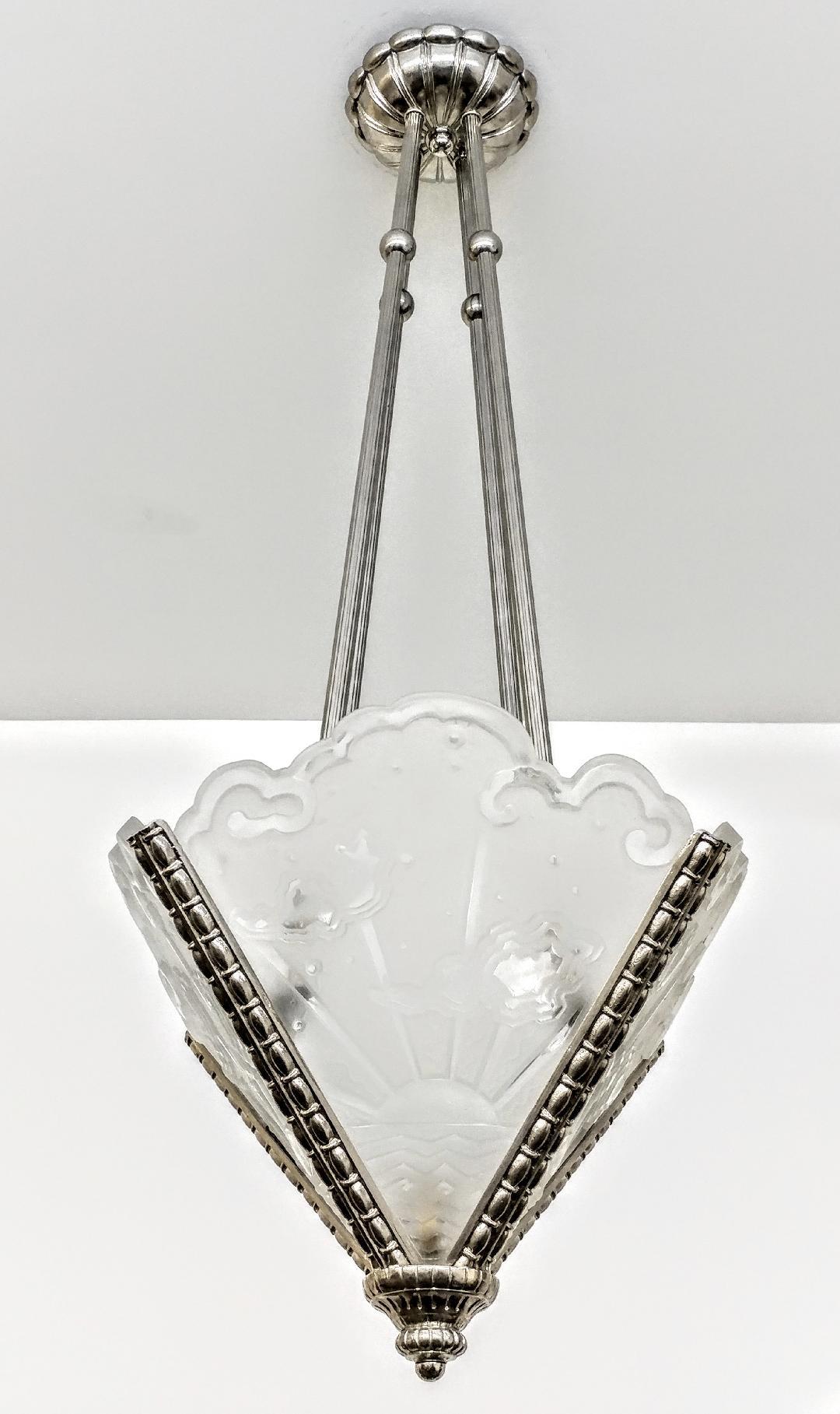 Cast French Art Deco Pendant Chandelier signed by Muller Ferers For Sale
