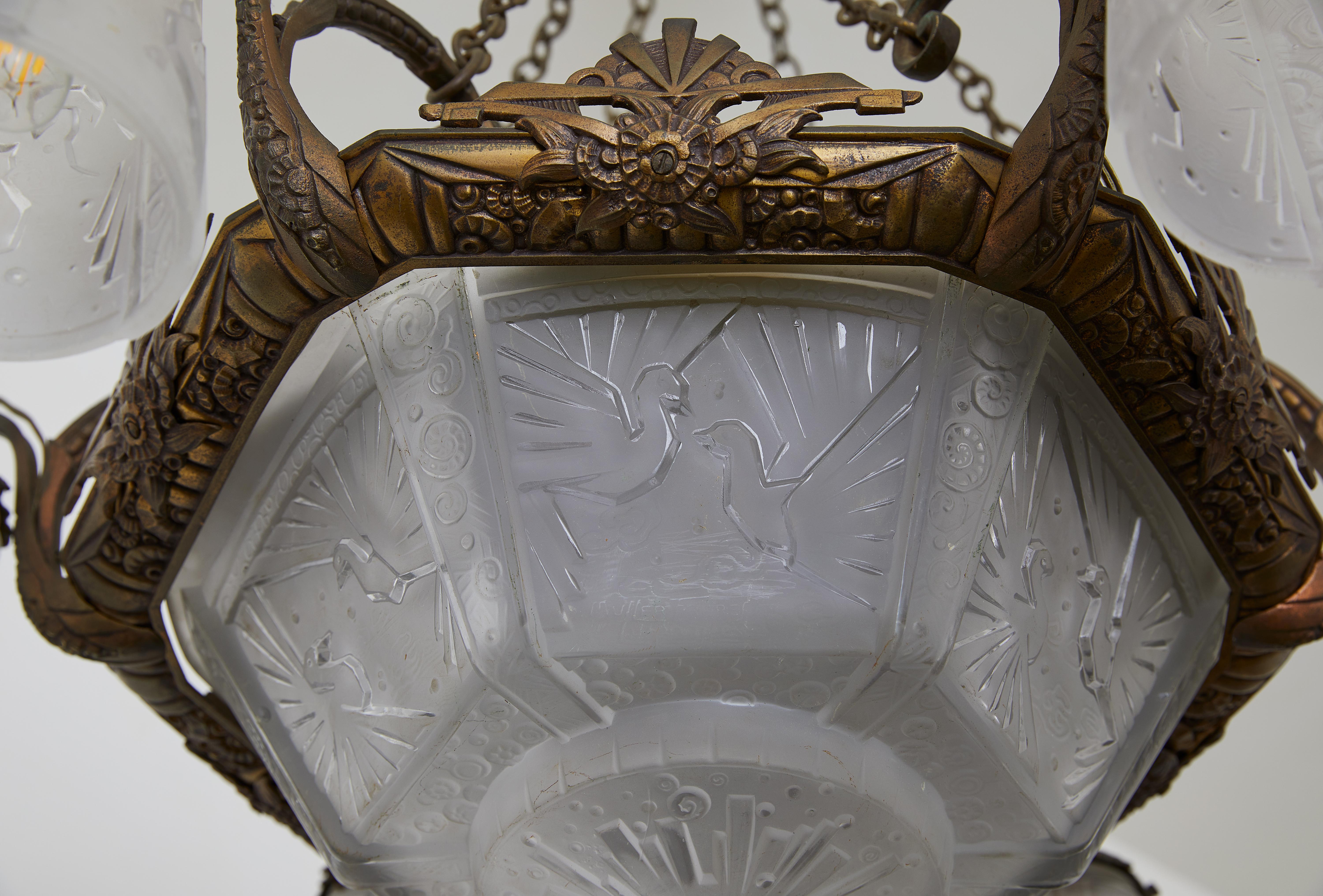 Brass French Art Deco Chandelier by Müller Frères 1920s For Sale