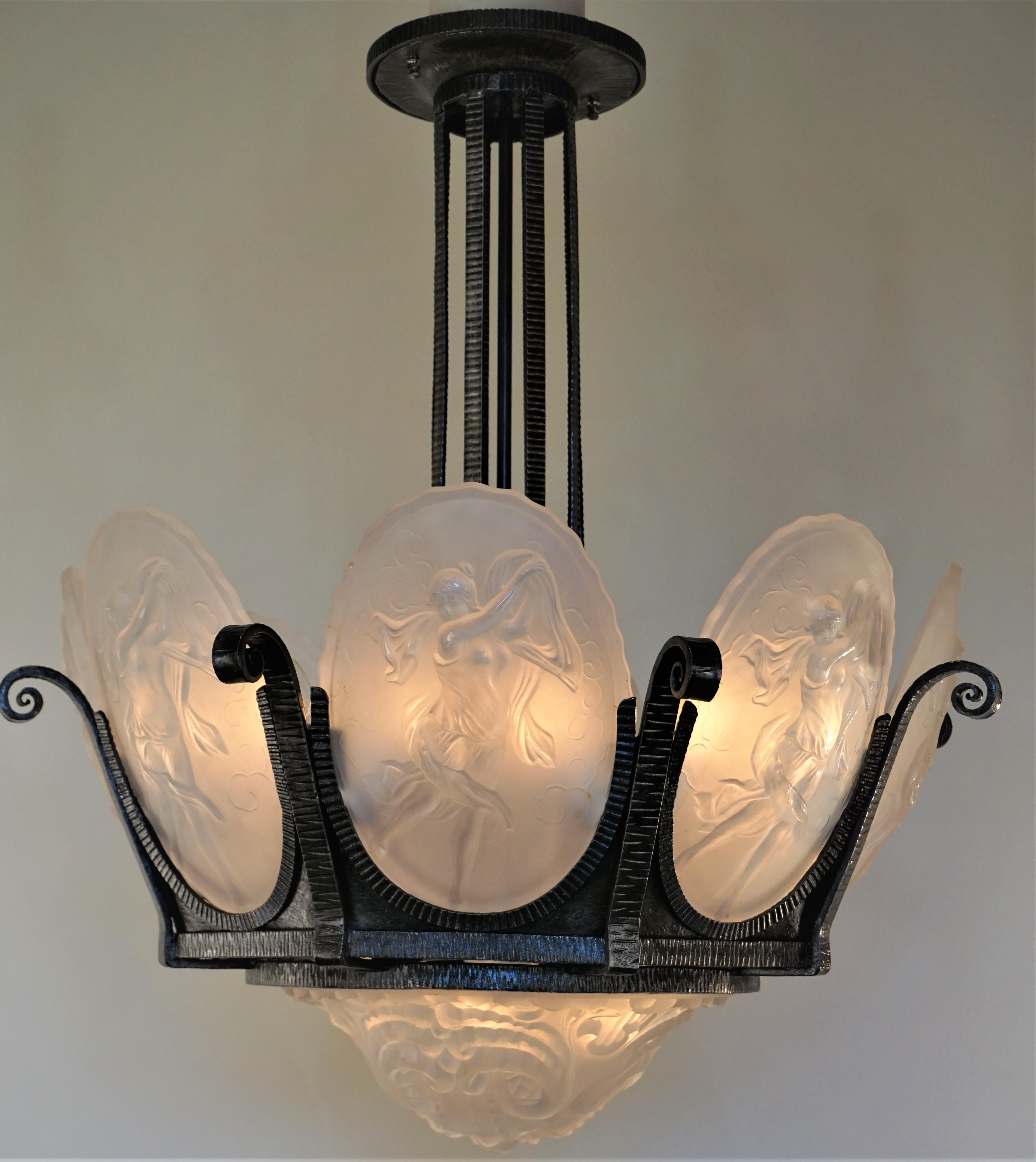 Glass French Art Deco Chandelier by Muller Frères