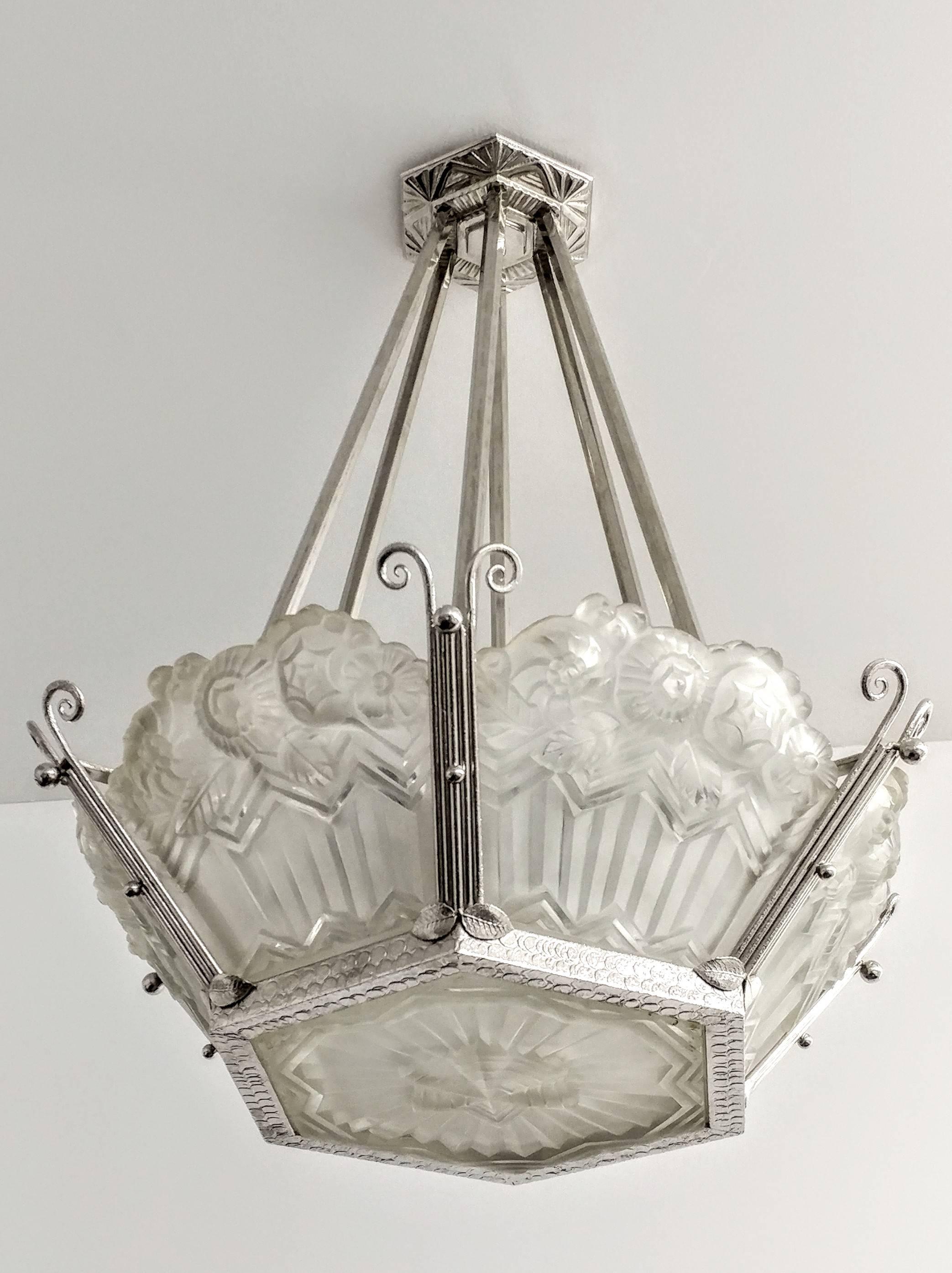 Glass A French Art Deco Pendant / Chandelier signed by Noverdy (Pair Available )