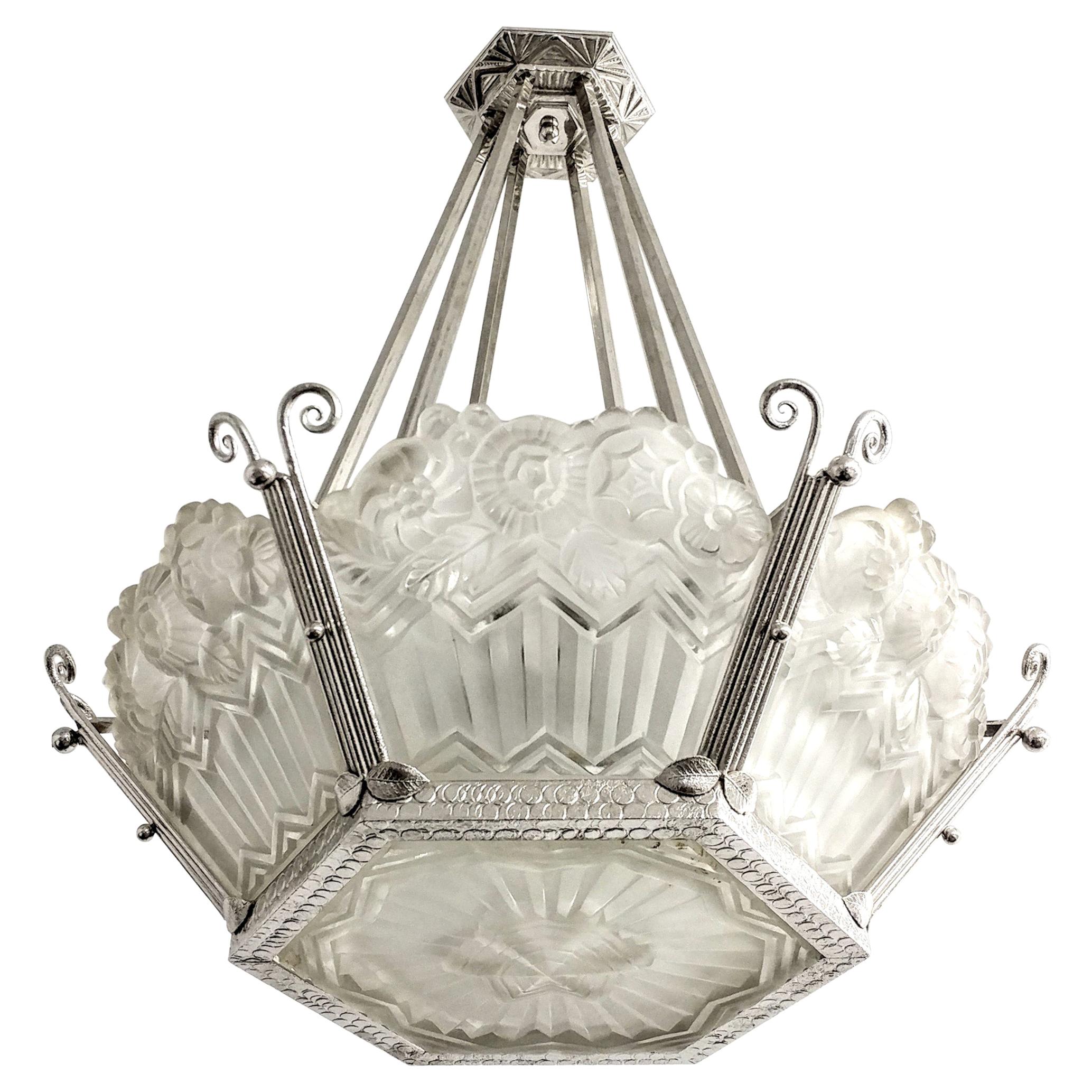 A French Art Deco Pendant / Chandelier signed by Noverdy (Pair Available )