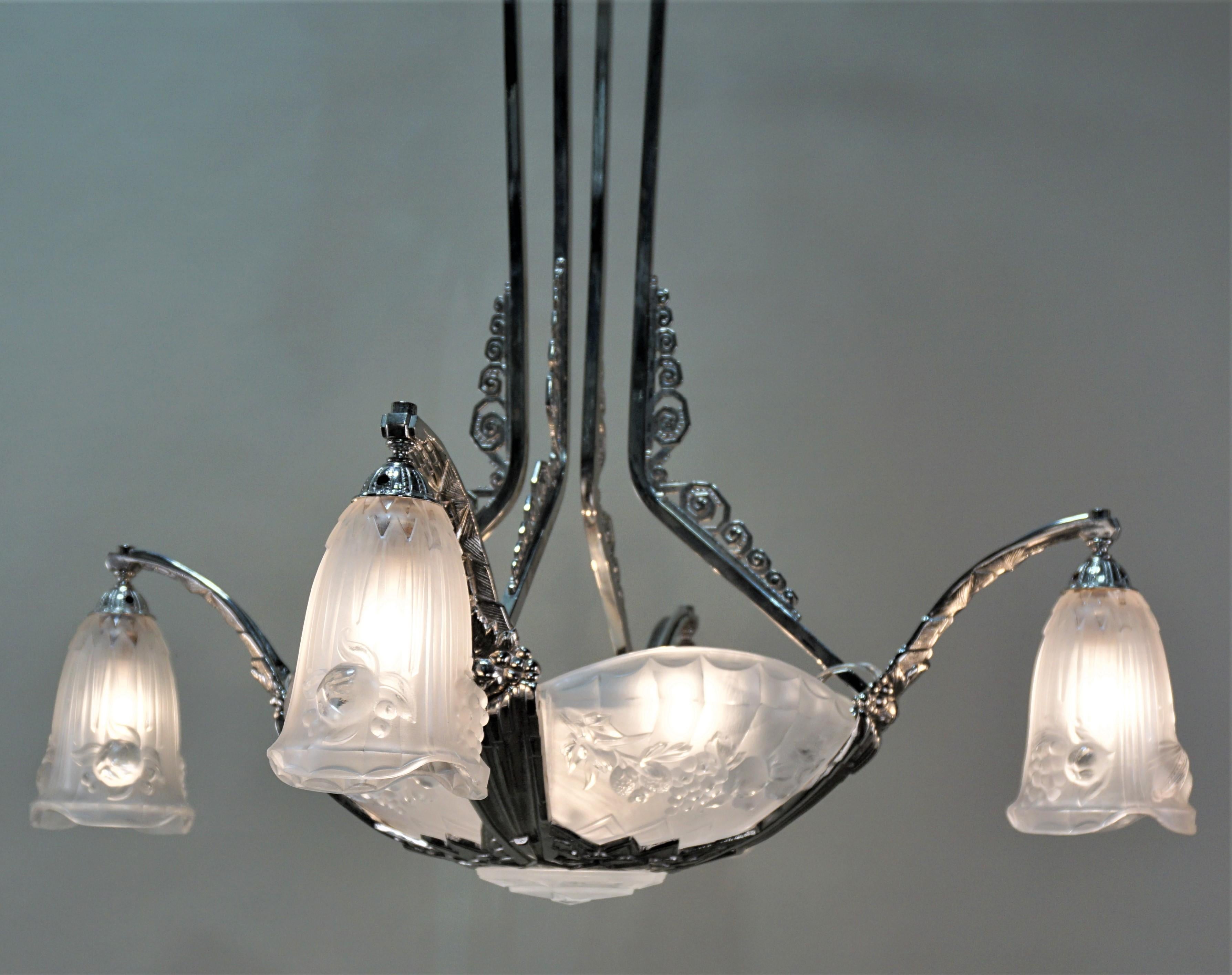 French Art Deco nickel on bronze chandelier with height light polished clear Frost glass.

 