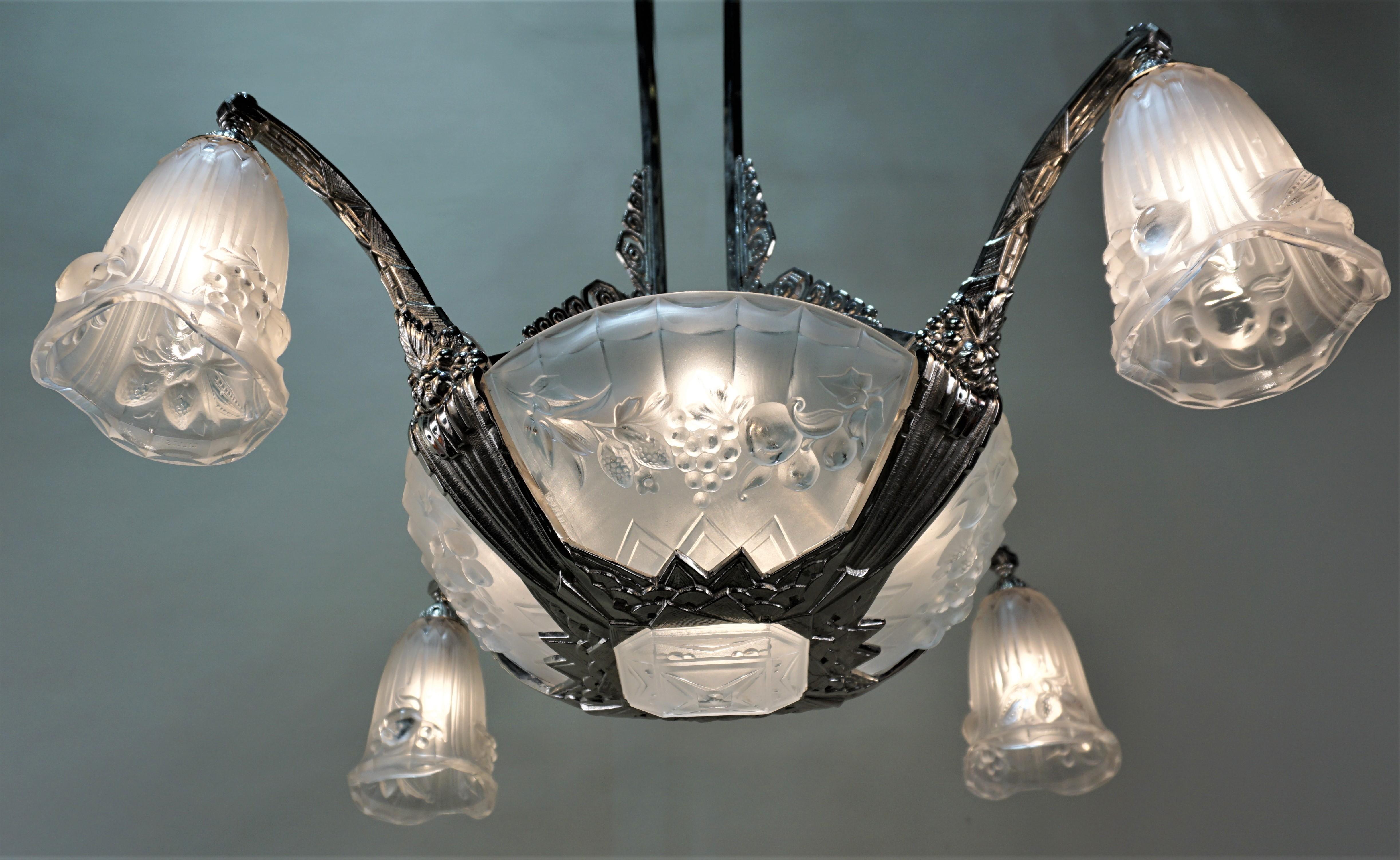 Glass French Art Deco Chandelier by P. Gilles 2