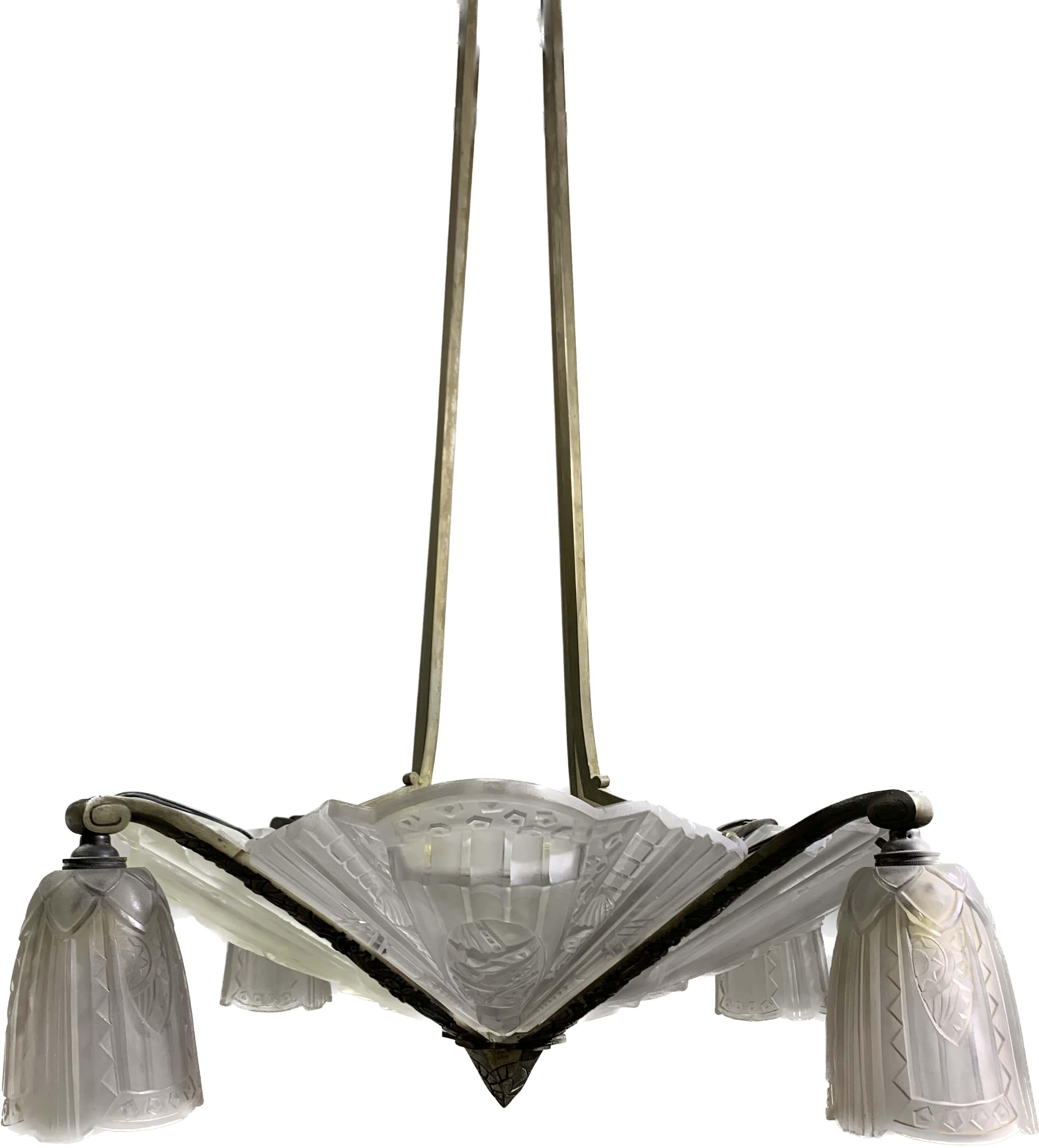 European French Art Deco Chandelier circa 1930 Signed Frontisi For Sale