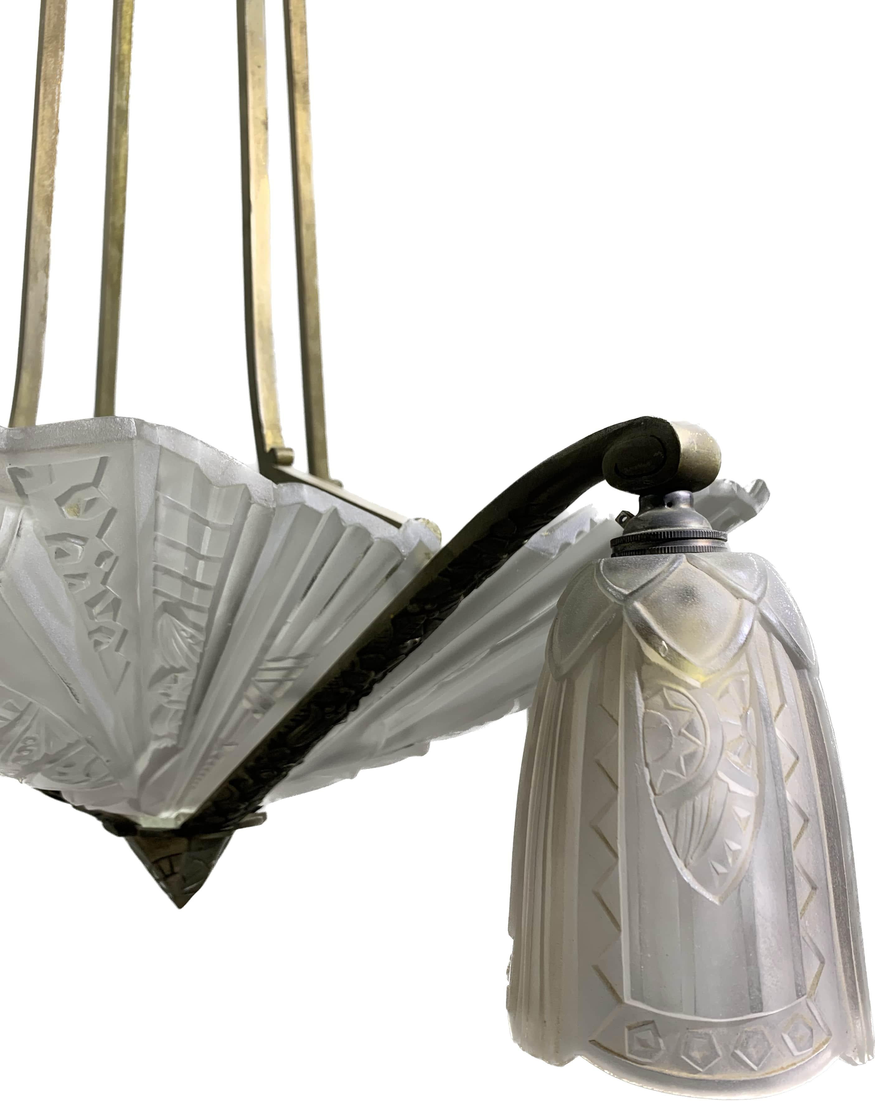 Molded French Art Deco Chandelier circa 1930 Signed Frontisi For Sale