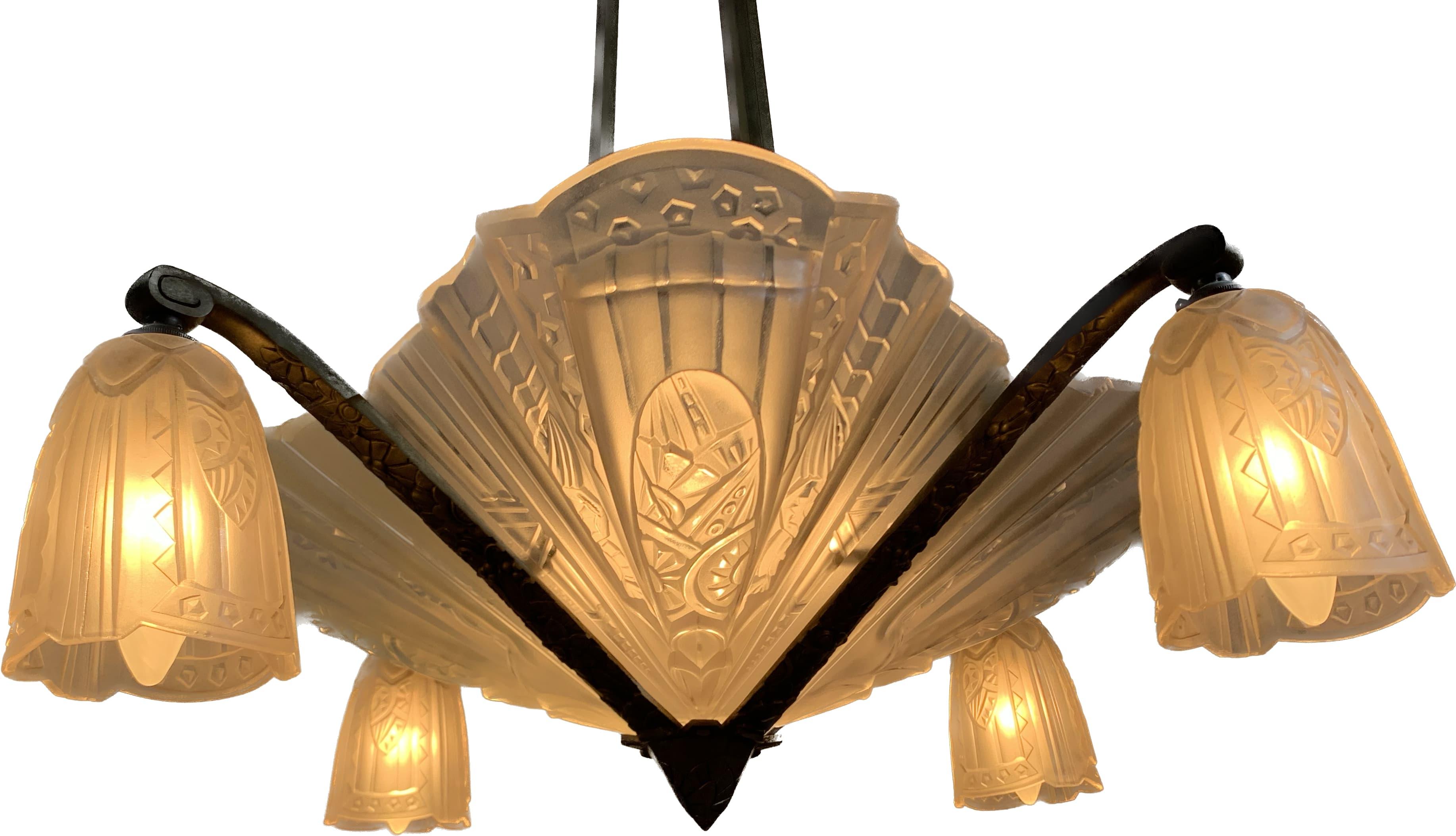French Art Deco Chandelier circa 1930 Signed Frontisi For Sale 1