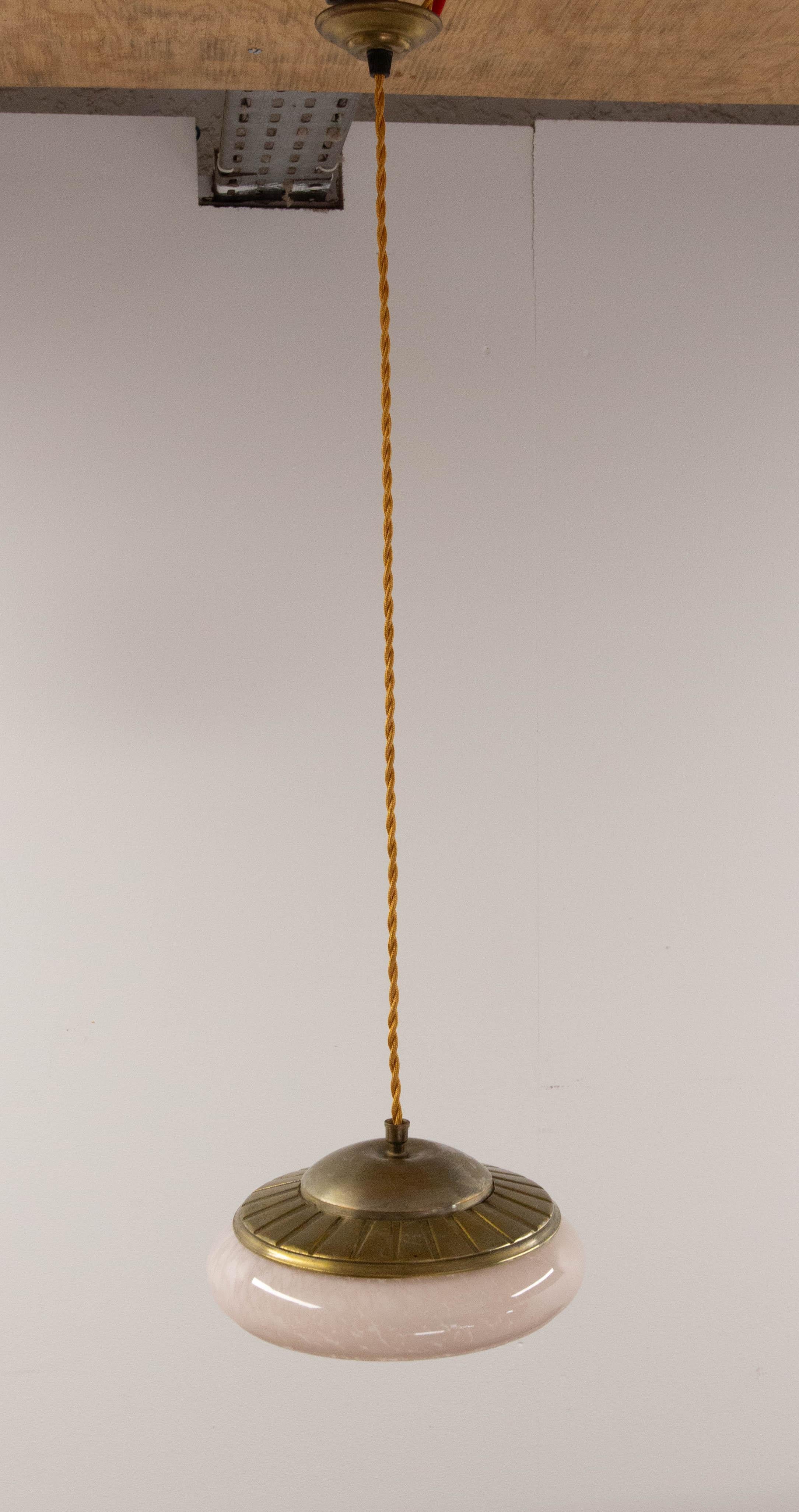 Mid-20th Century French  Art Deco Chandelier Clichy Glass & Brass Ceiling Pendant, circa 1950 For Sale
