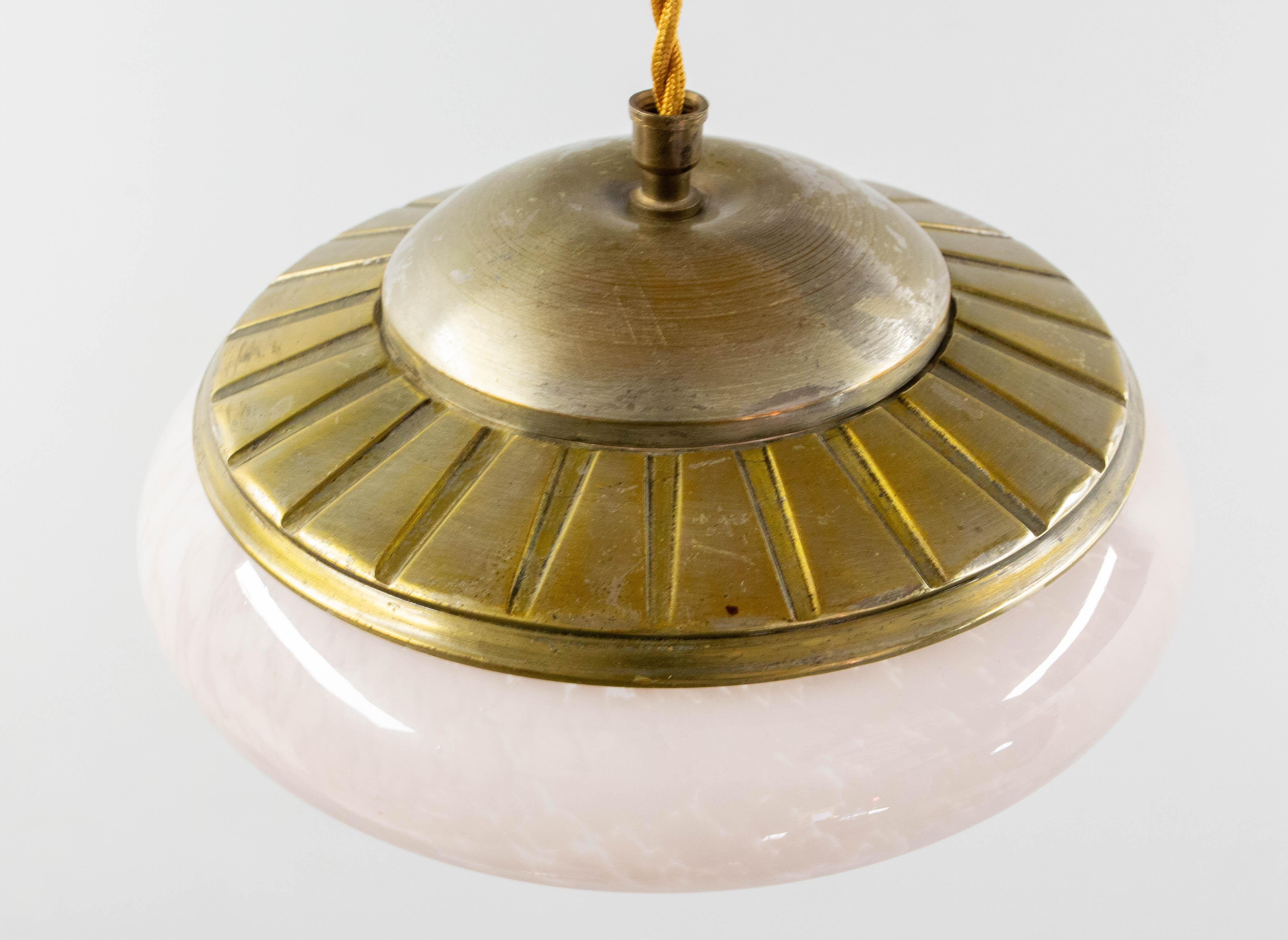 French  Art Deco Chandelier Clichy Glass & Brass Ceiling Pendant, circa 1950 For Sale 3