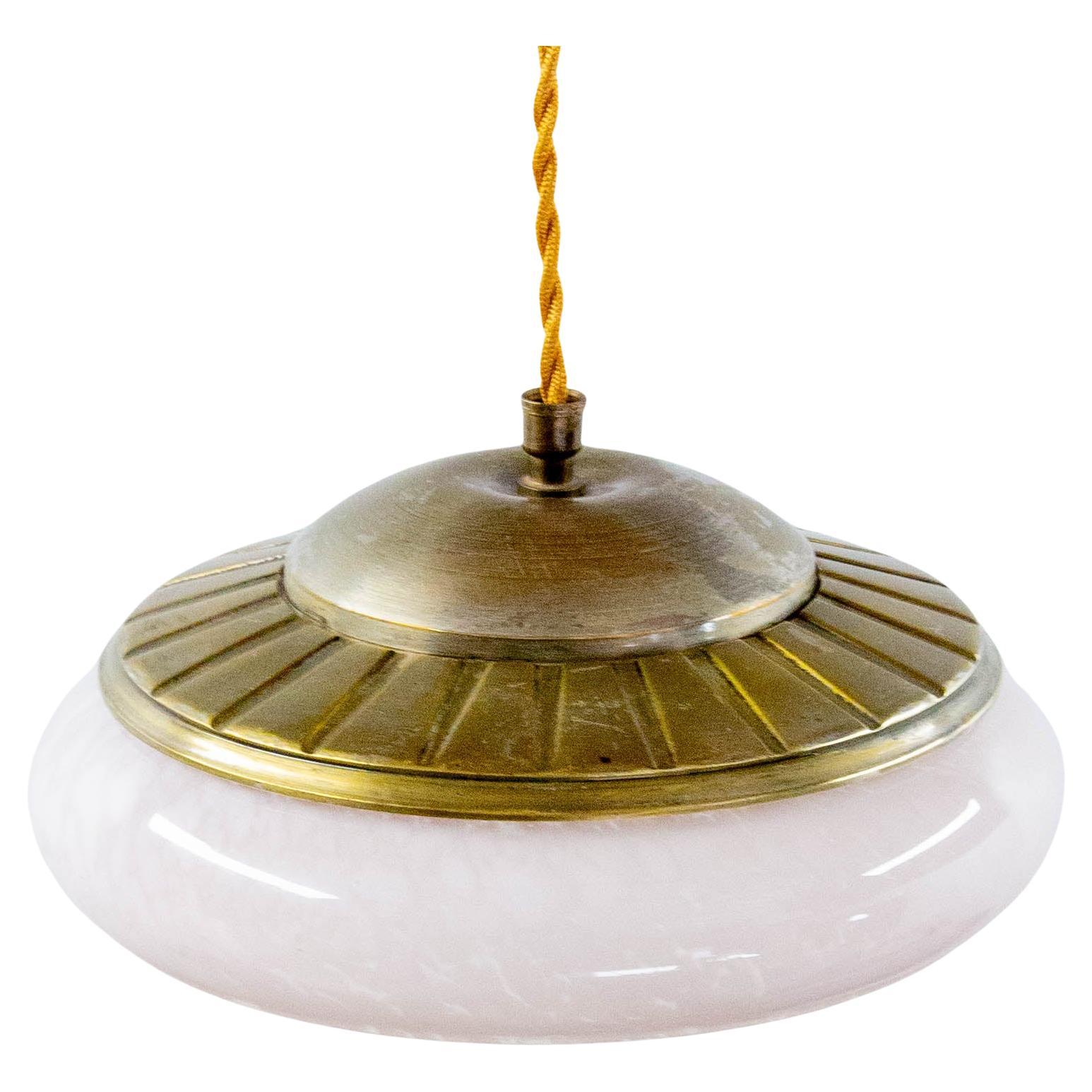 French  Art Deco Chandelier Clichy Glass & Brass Ceiling Pendant, circa 1950 For Sale