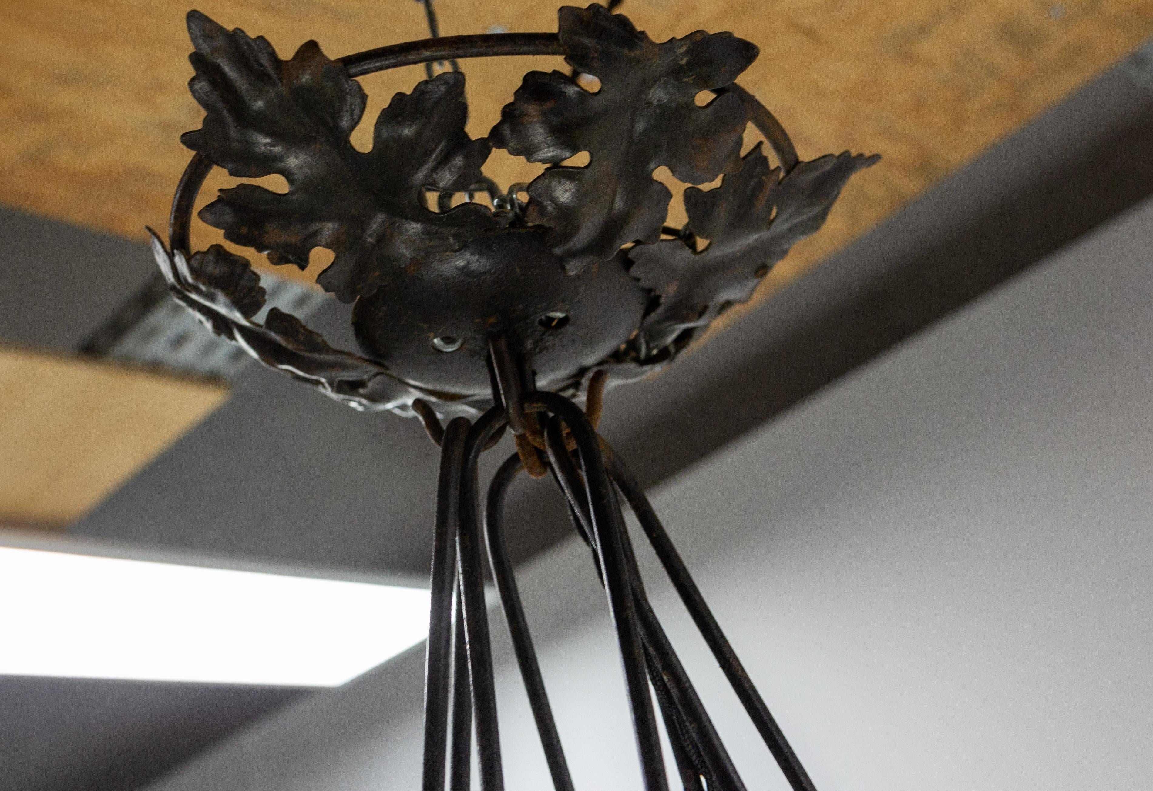 French Art Deco Chandelier Colored Glass & Wrought Iron Ceiling Pendant, C 1930 For Sale 5