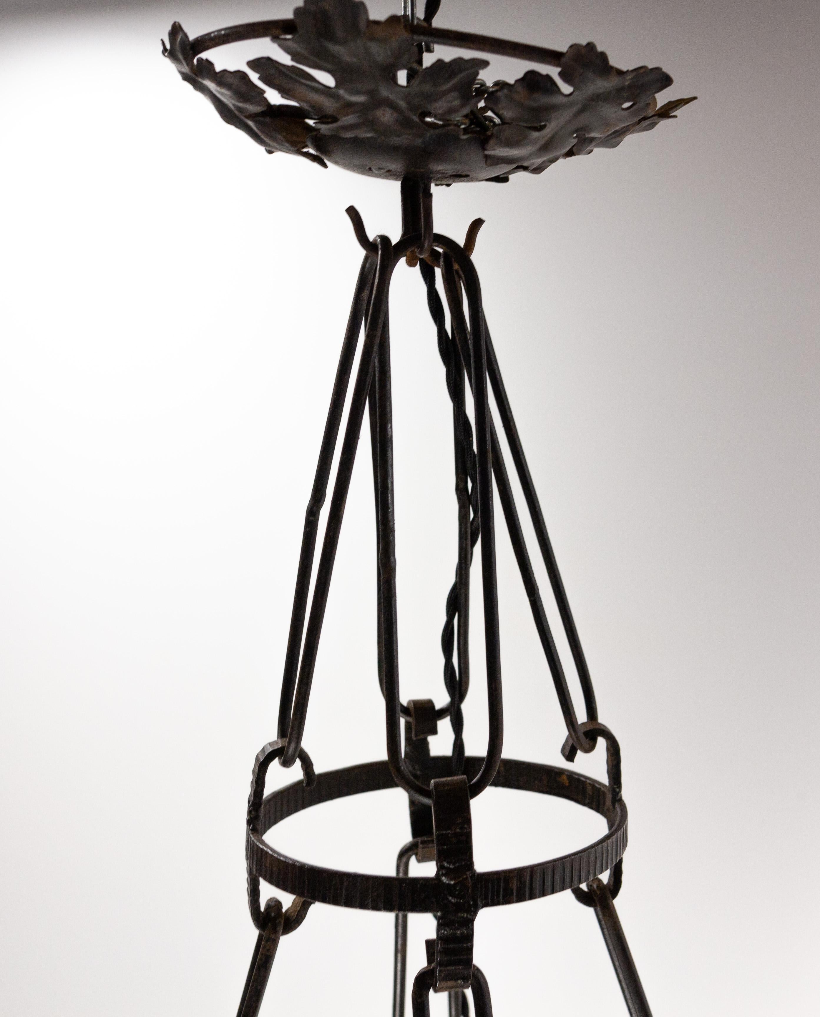 French Art Deco Chandelier Colored Glass & Wrought Iron Ceiling Pendant, C 1930 For Sale 6