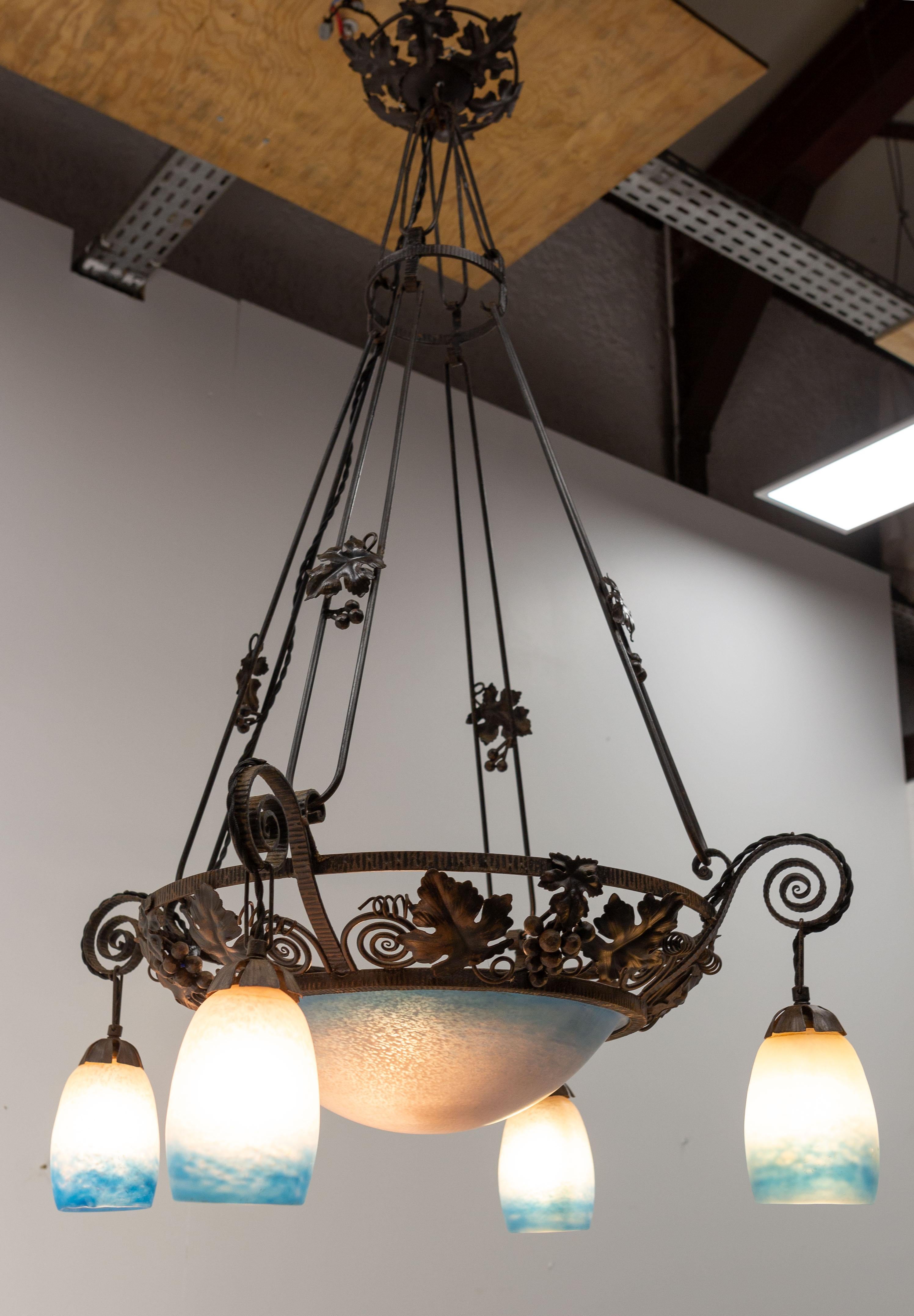 Mid-20th Century French Art Deco Chandelier Colored Glass & Wrought Iron Ceiling Pendant, C 1930 For Sale