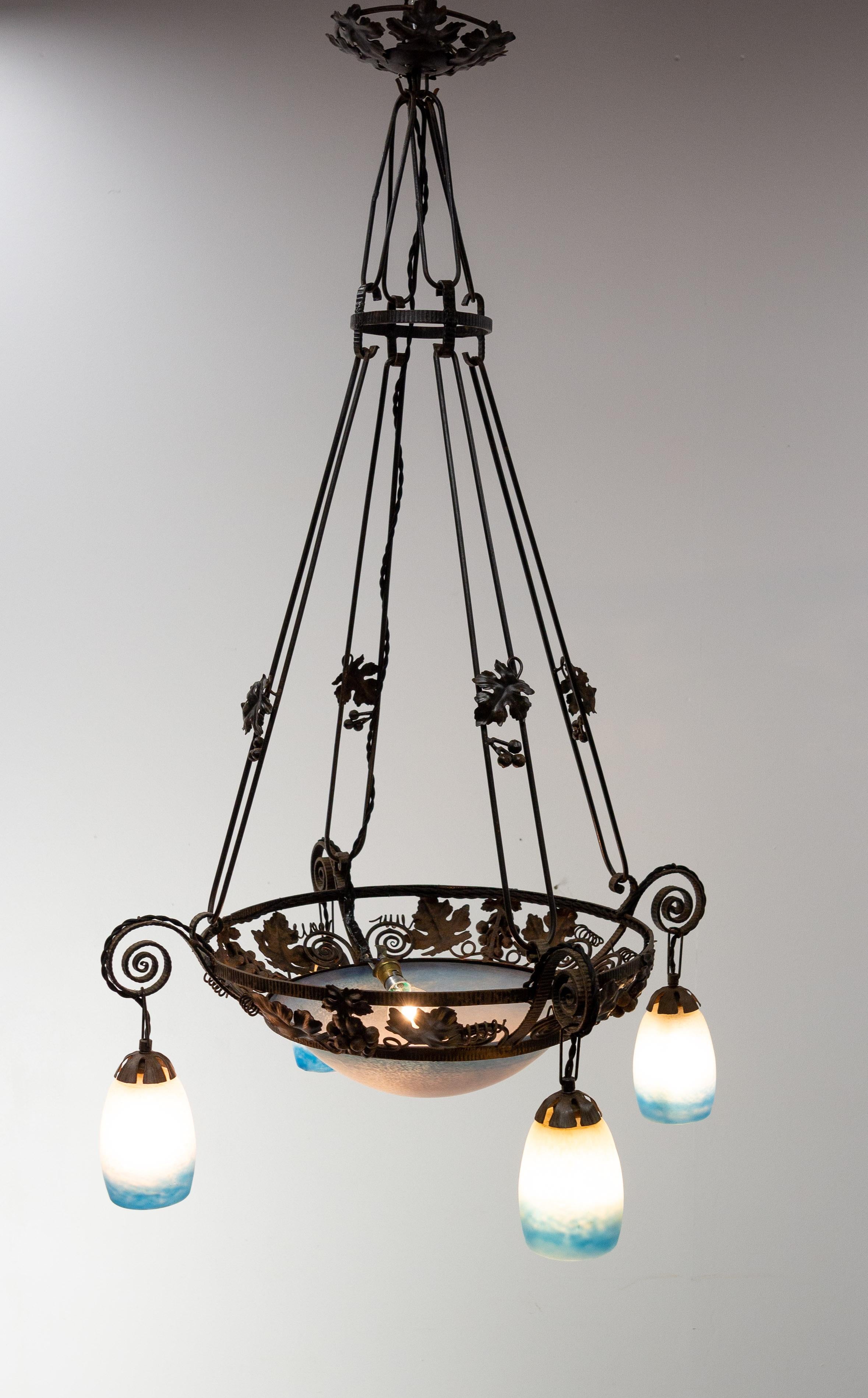 Art Glass French Art Deco Chandelier Colored Glass & Wrought Iron Ceiling Pendant, C 1930 For Sale