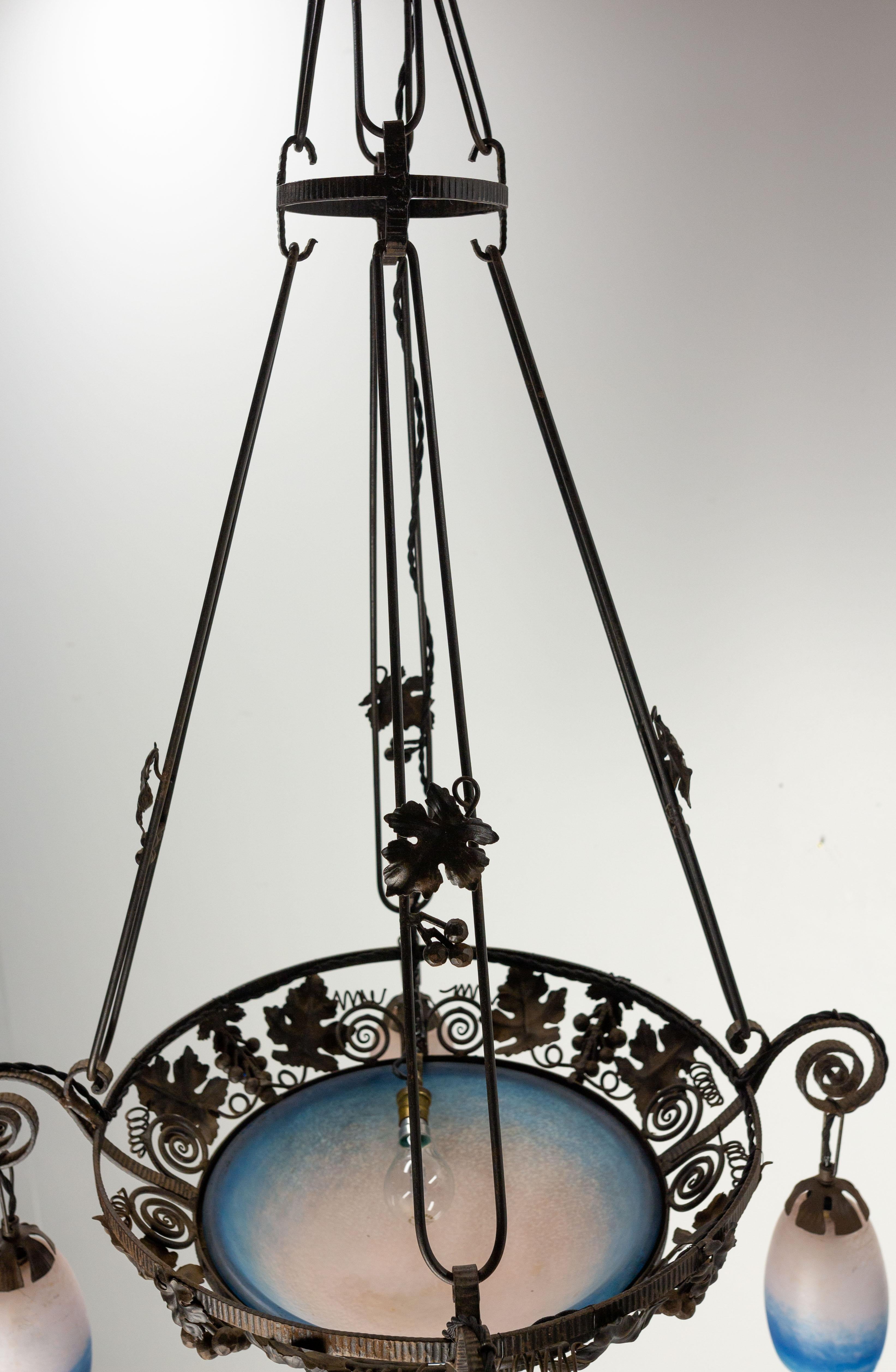 French Art Deco Chandelier Colored Glass & Wrought Iron Ceiling Pendant, C 1930 For Sale 1