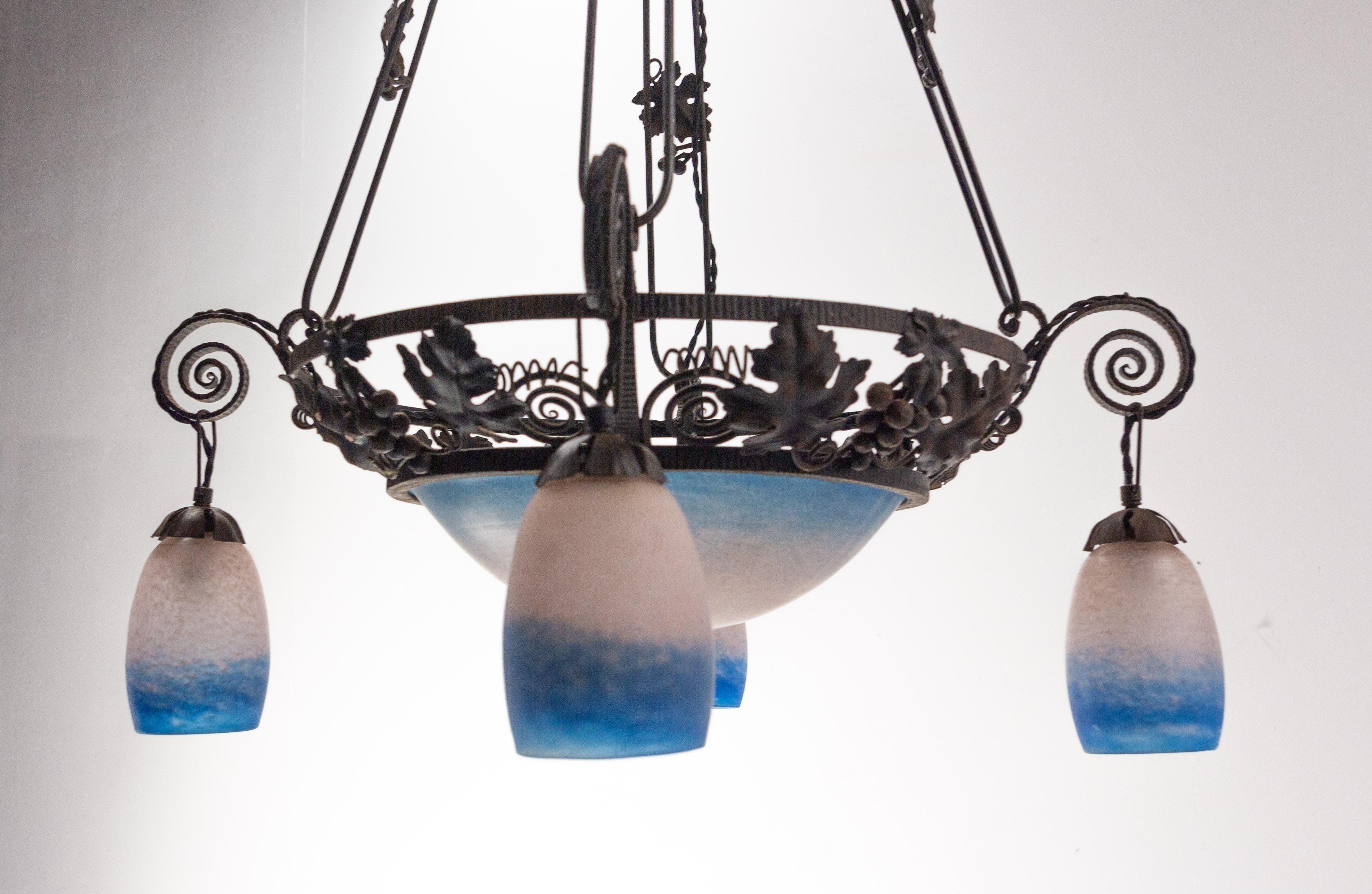 French Art Deco Chandelier Colored Glass & Wrought Iron Ceiling Pendant, C 1930 For Sale 2