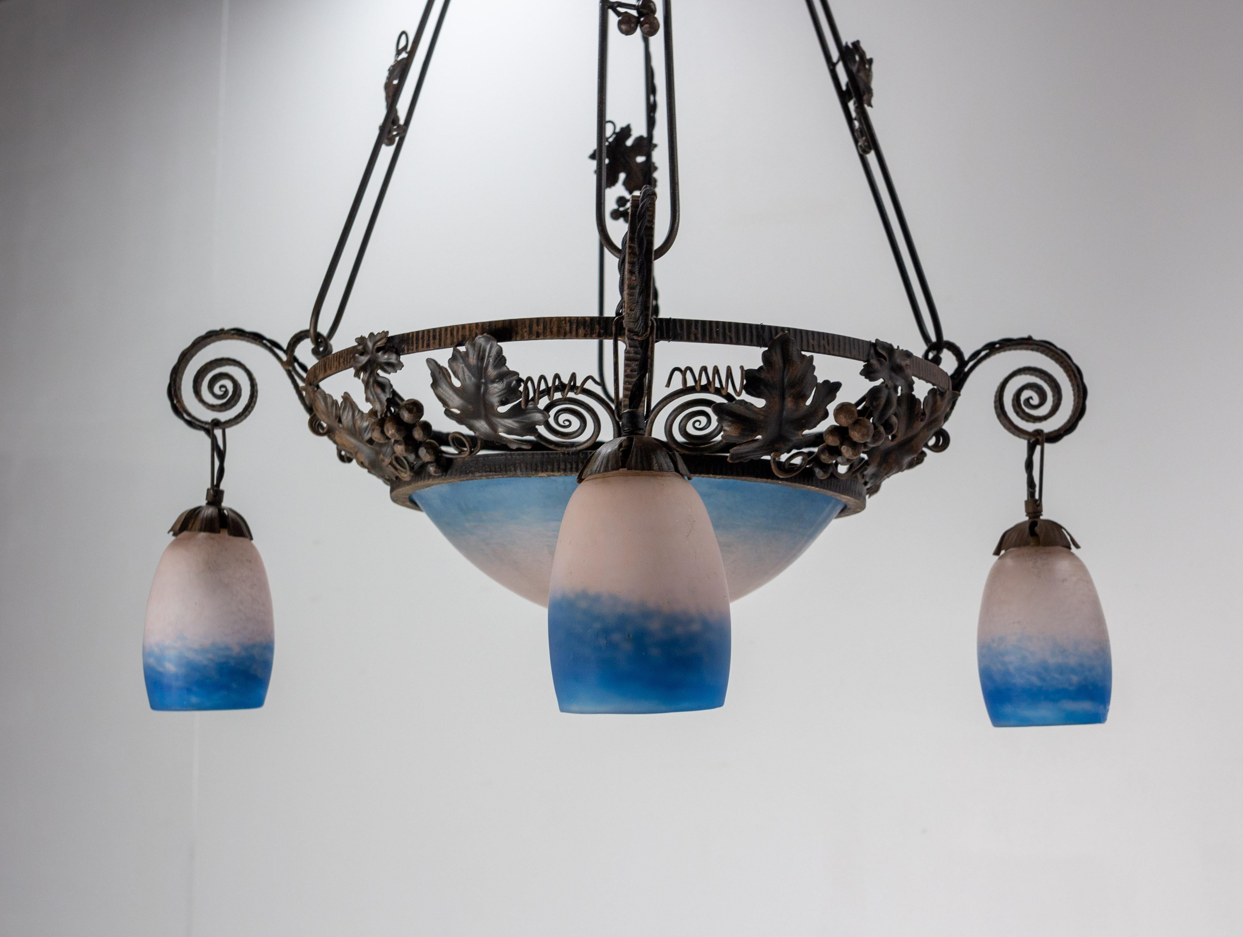 French Art Deco Chandelier Colored Glass & Wrought Iron Ceiling Pendant, C 1930 For Sale 3