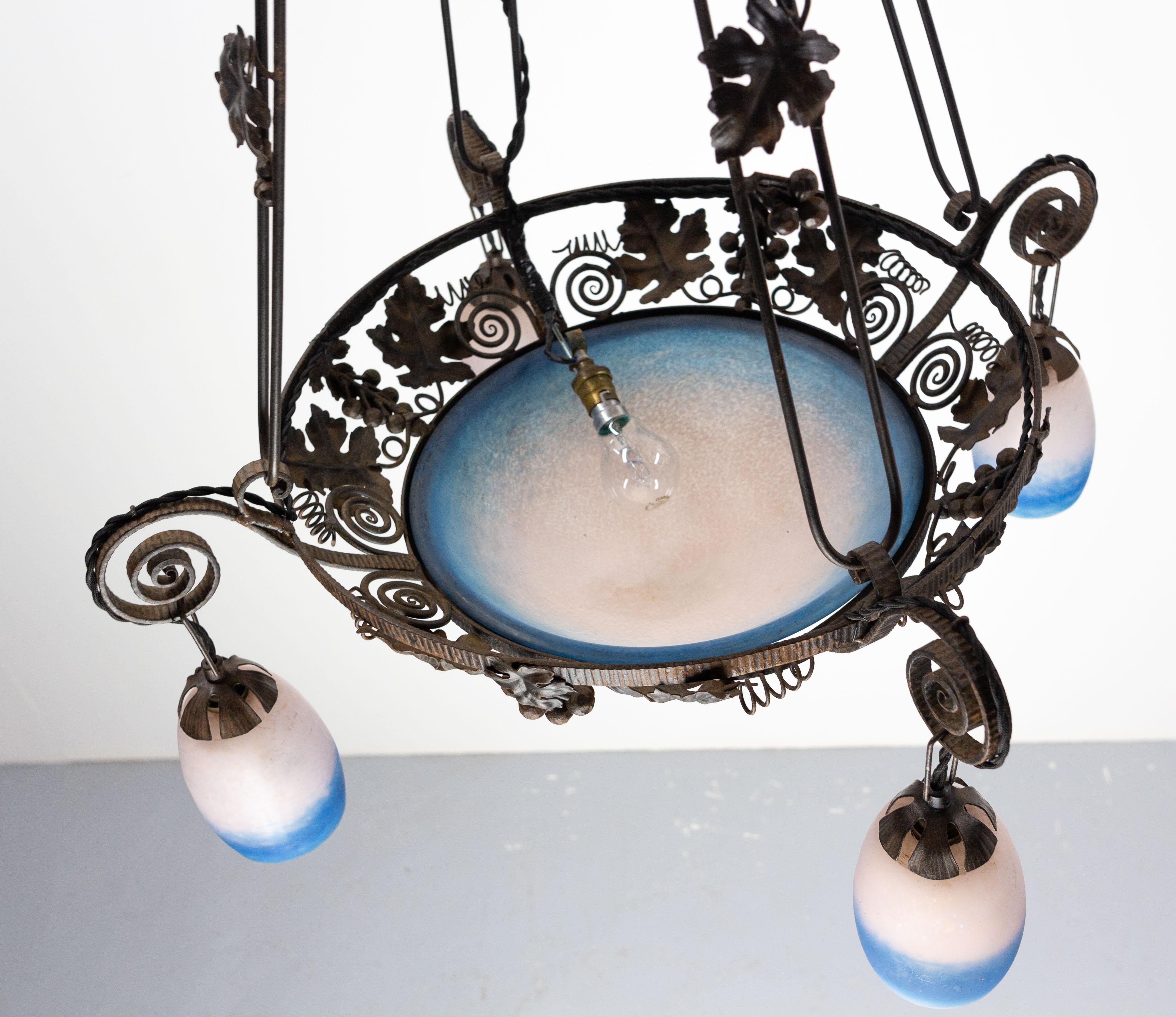 French Art Deco Chandelier Colored Glass & Wrought Iron Ceiling Pendant, C 1930 For Sale 4