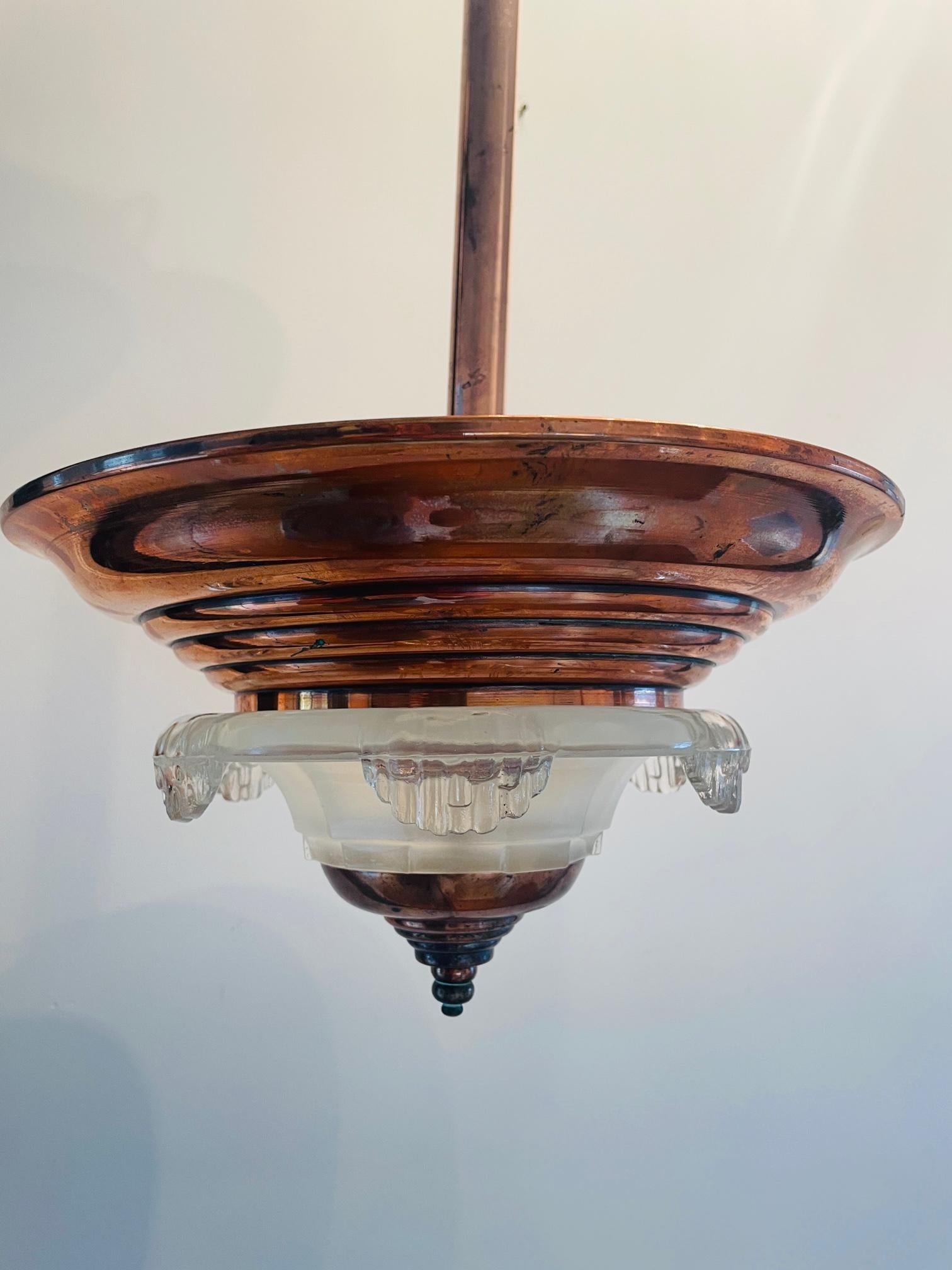 French Art Deco chandelier. Copper art deco ceiling lamp. French (Ezan) lamp. 6
